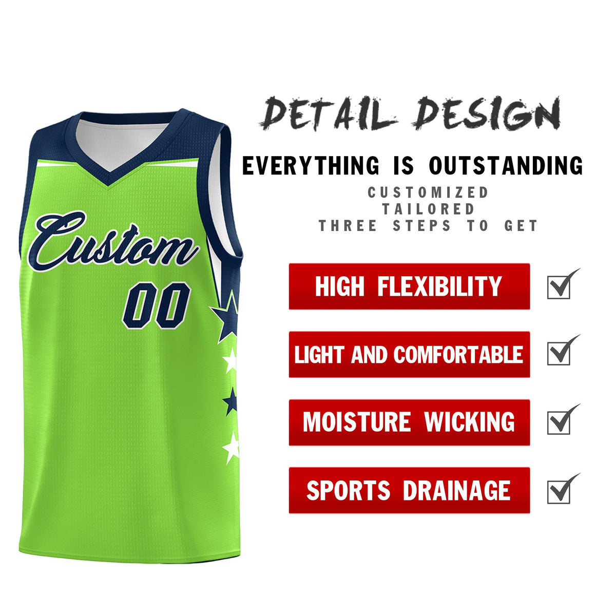 Custom Youth Basketball Uniform Fluorescent Green Navy Two Tone Side Star Personalized Team Jersey