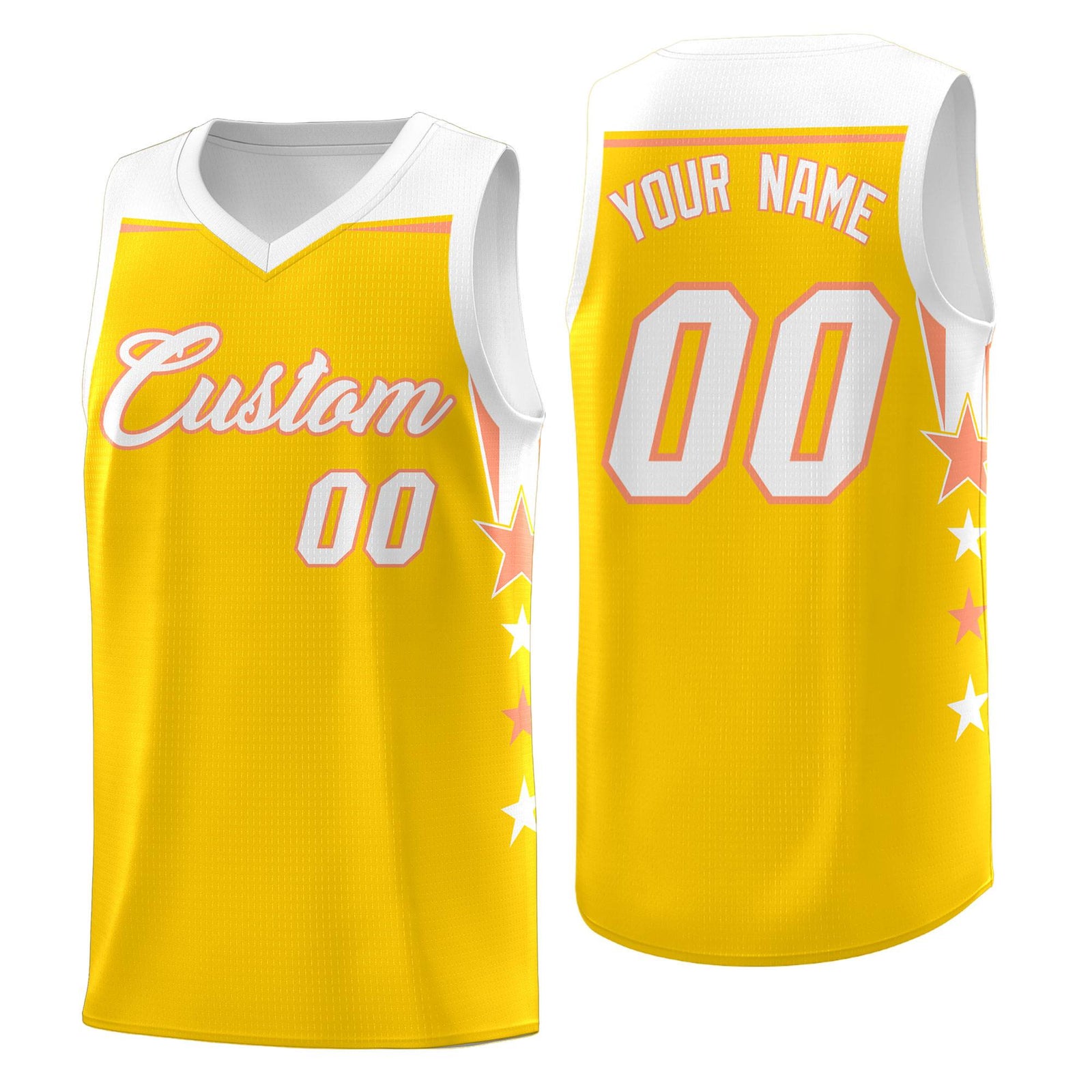 Custom Youth Basketball Uniform Gold White Two Tone Side Star Color Block Team Jersey