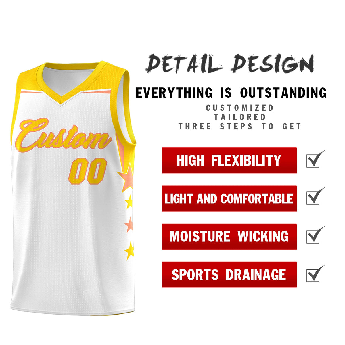 Custom Youth Basketball Uniform White Gold Two Tone Side Star Add Name Number &amp; Logo