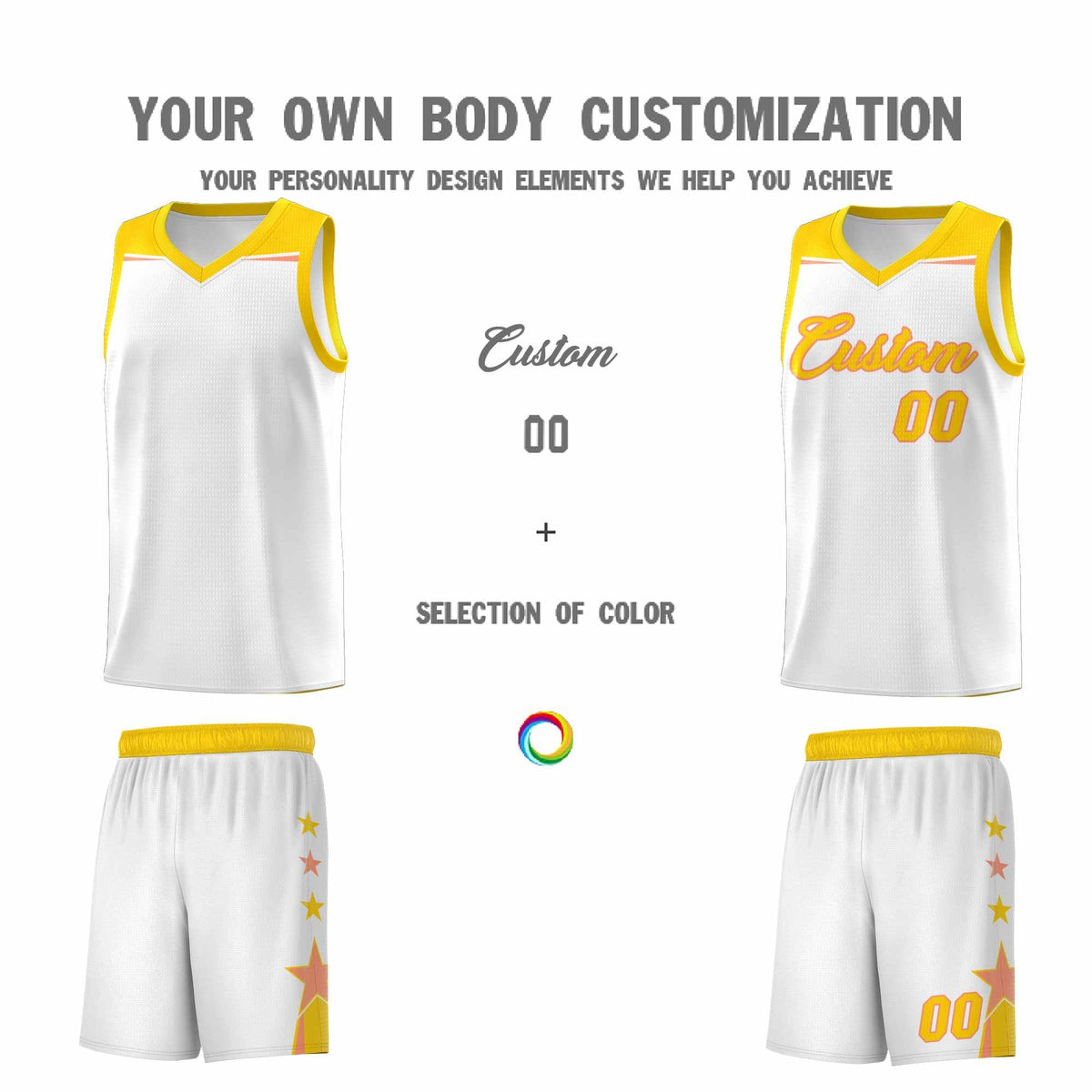 Custom Youth Basketball Uniform White Gold Two Tone Side Star Add Name Number &amp; Logo