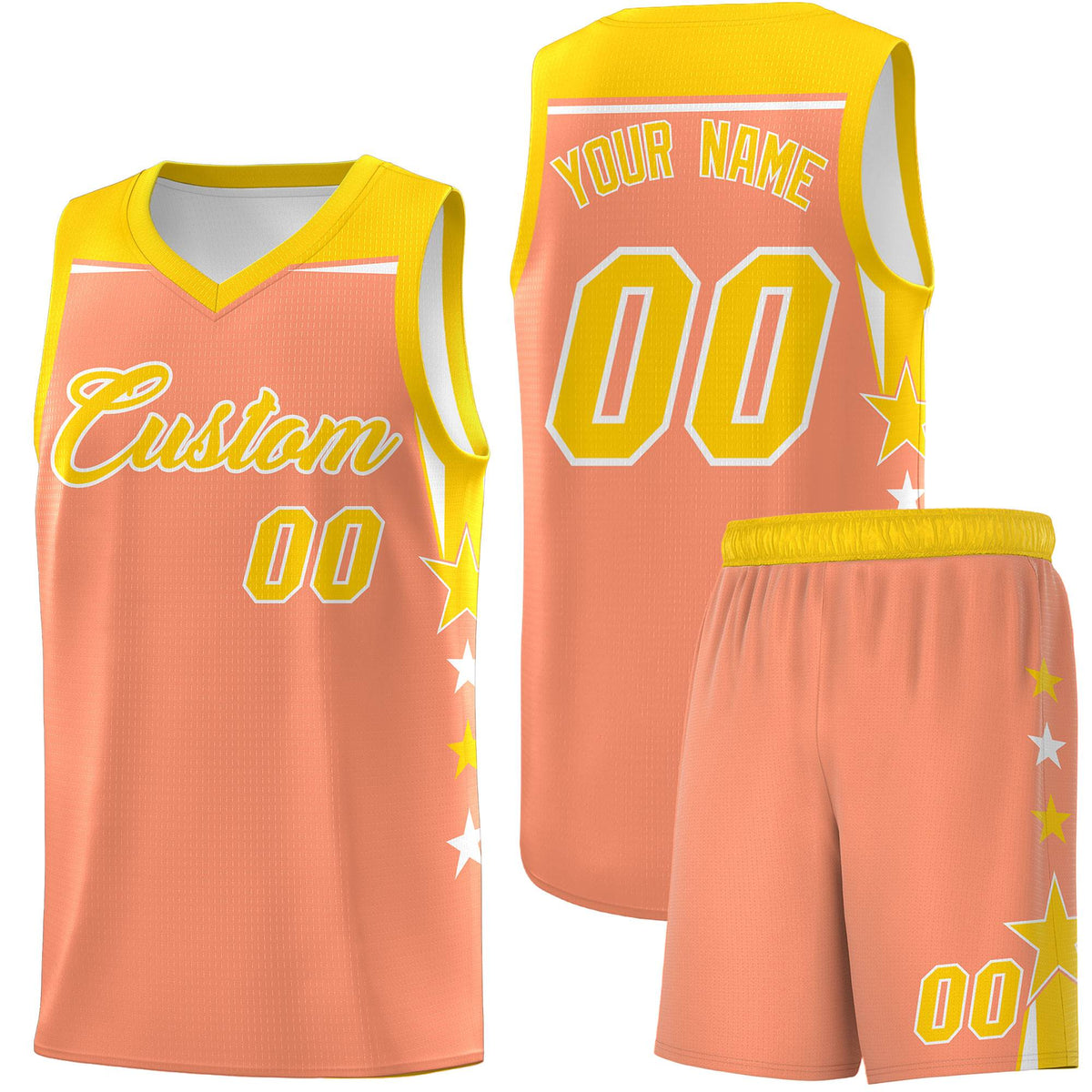 Custom Youth Basketball Uniform Light Orange Gold Two Tone Side Star Personalized Team Jersey