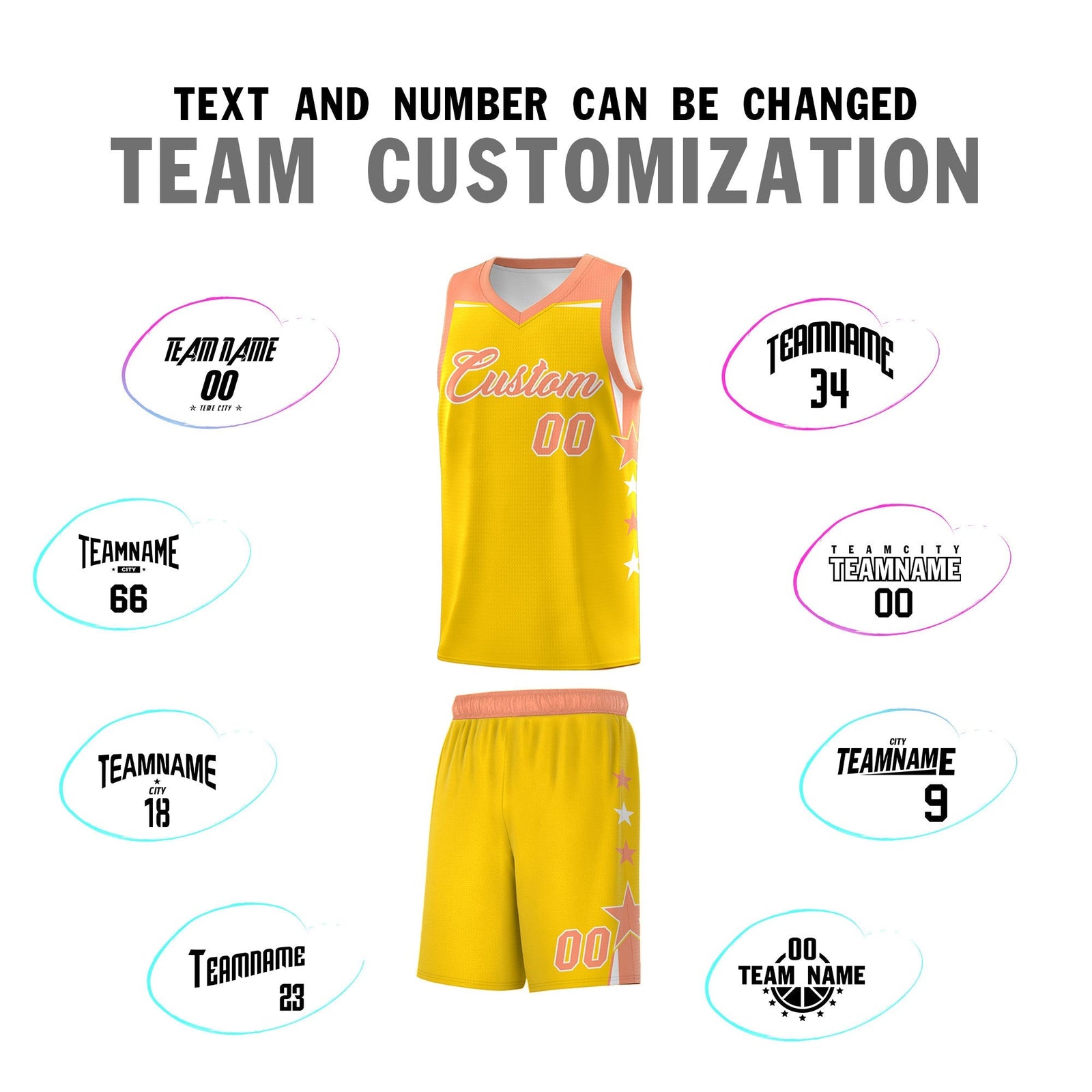 Custom Youth Basketball Uniform Gold Light Orange Two Tone Side Star Color Block Team Jersey