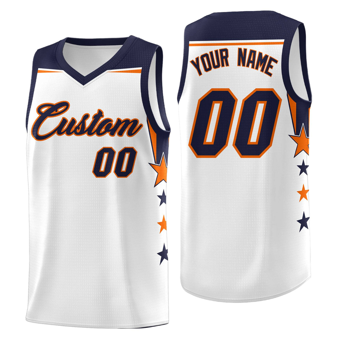 Custom Youth Basketball Uniform White Navy Two Tone Side Star Add Name Number &amp; Logo