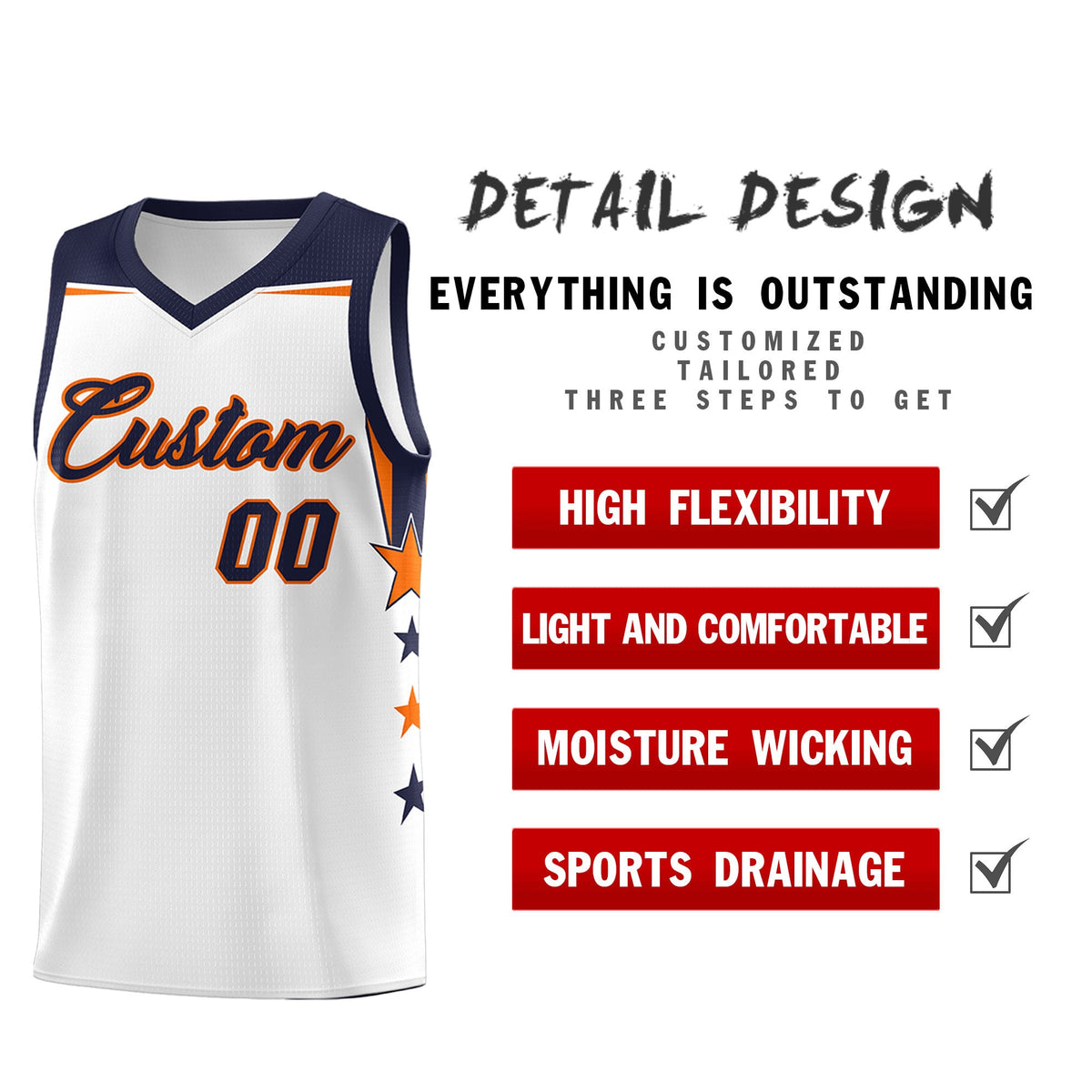 Custom Youth Basketball Uniform White Navy Two Tone Side Star Add Name Number &amp; Logo