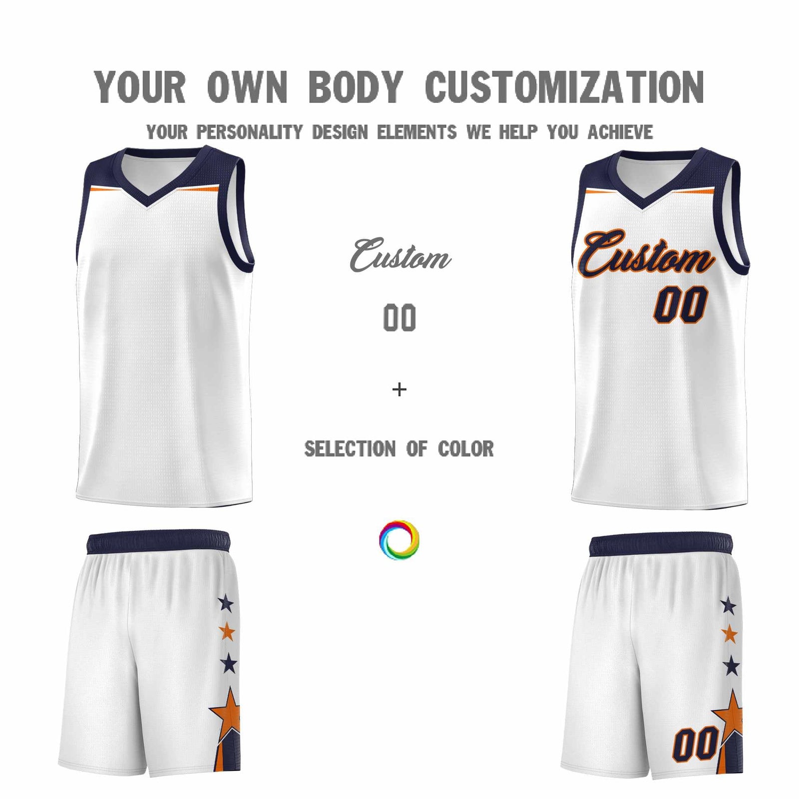 Custom Youth Basketball Uniform White Navy Two Tone Side Star Add Name Number & Logo