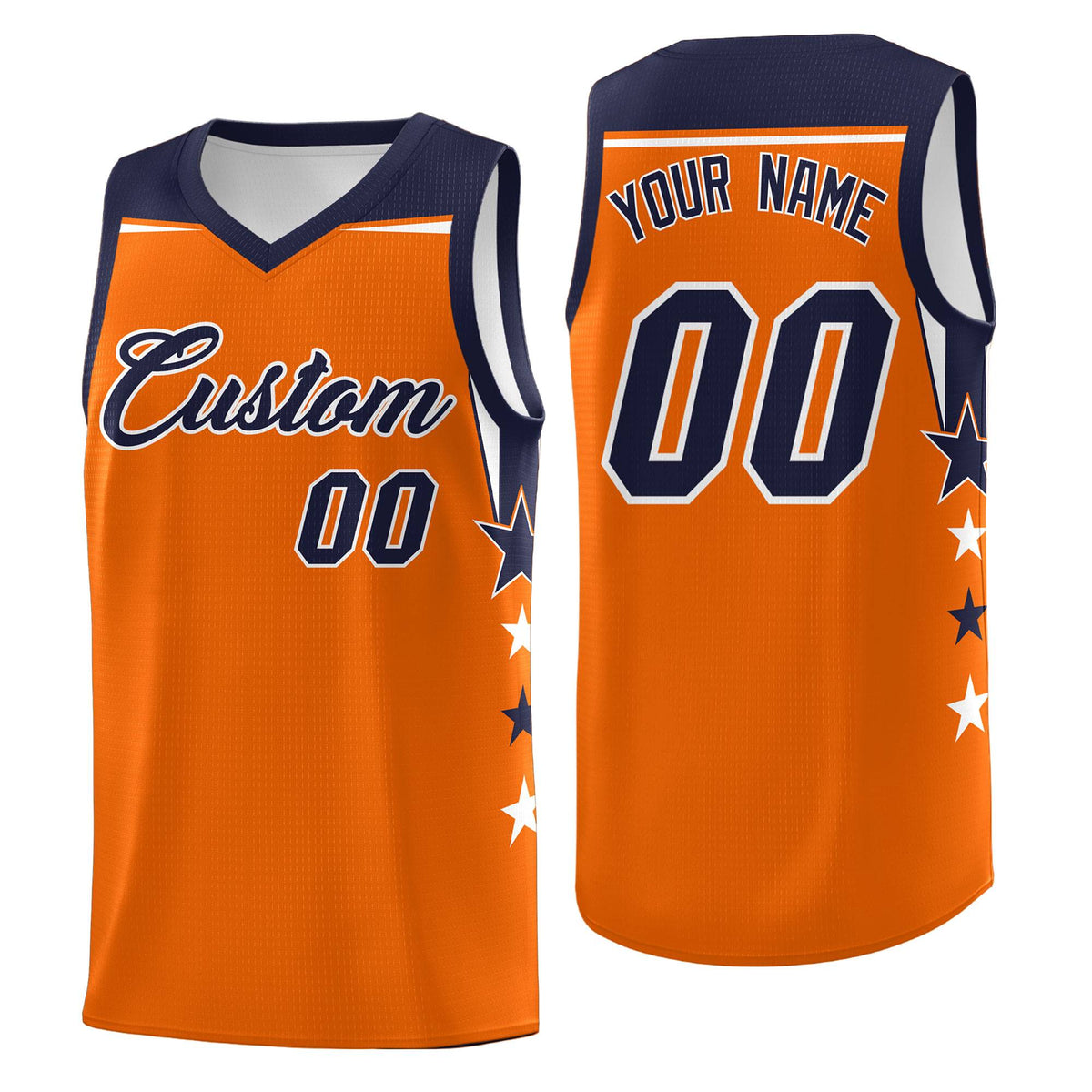 Custom Youth Basketball Uniform Orange Navy Two Tone Side Star Color Block Team Jersey
