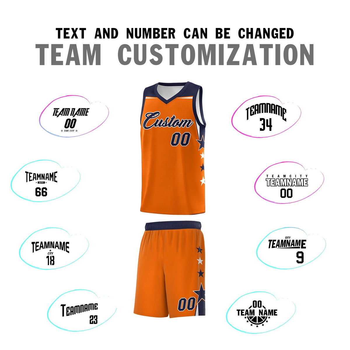 Custom Youth Basketball Uniform Orange Navy Two Tone Side Star Color Block Team Jersey