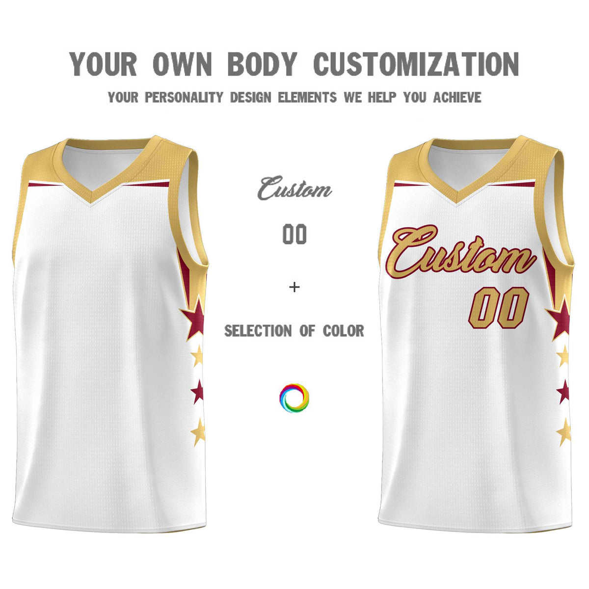 Custom Youth Basketball Uniform White Old Gold Two Tone Side Star Add Name Number &amp; Logo