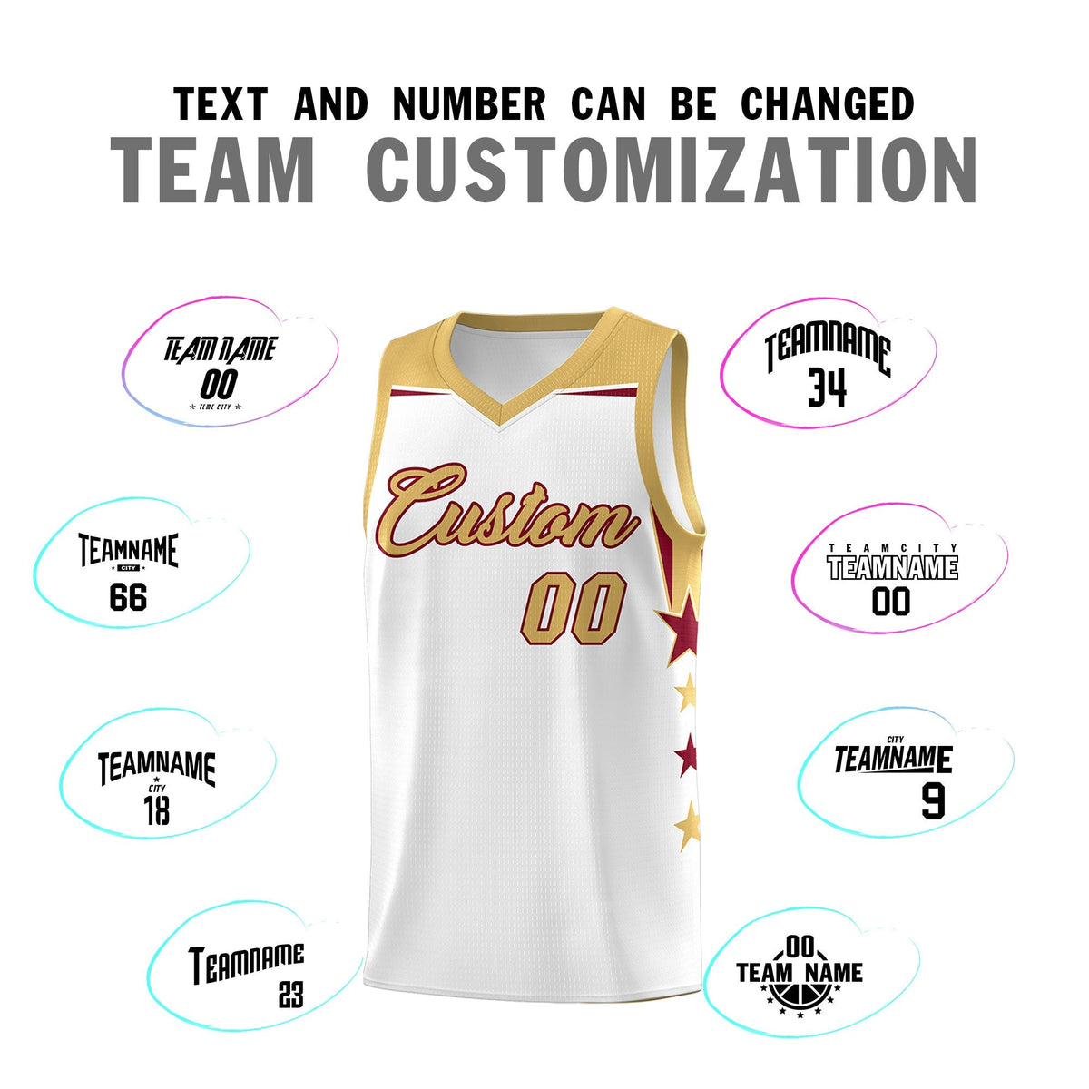 Custom Youth Basketball Uniform White Old Gold Two Tone Side Star Add Name Number &amp; Logo