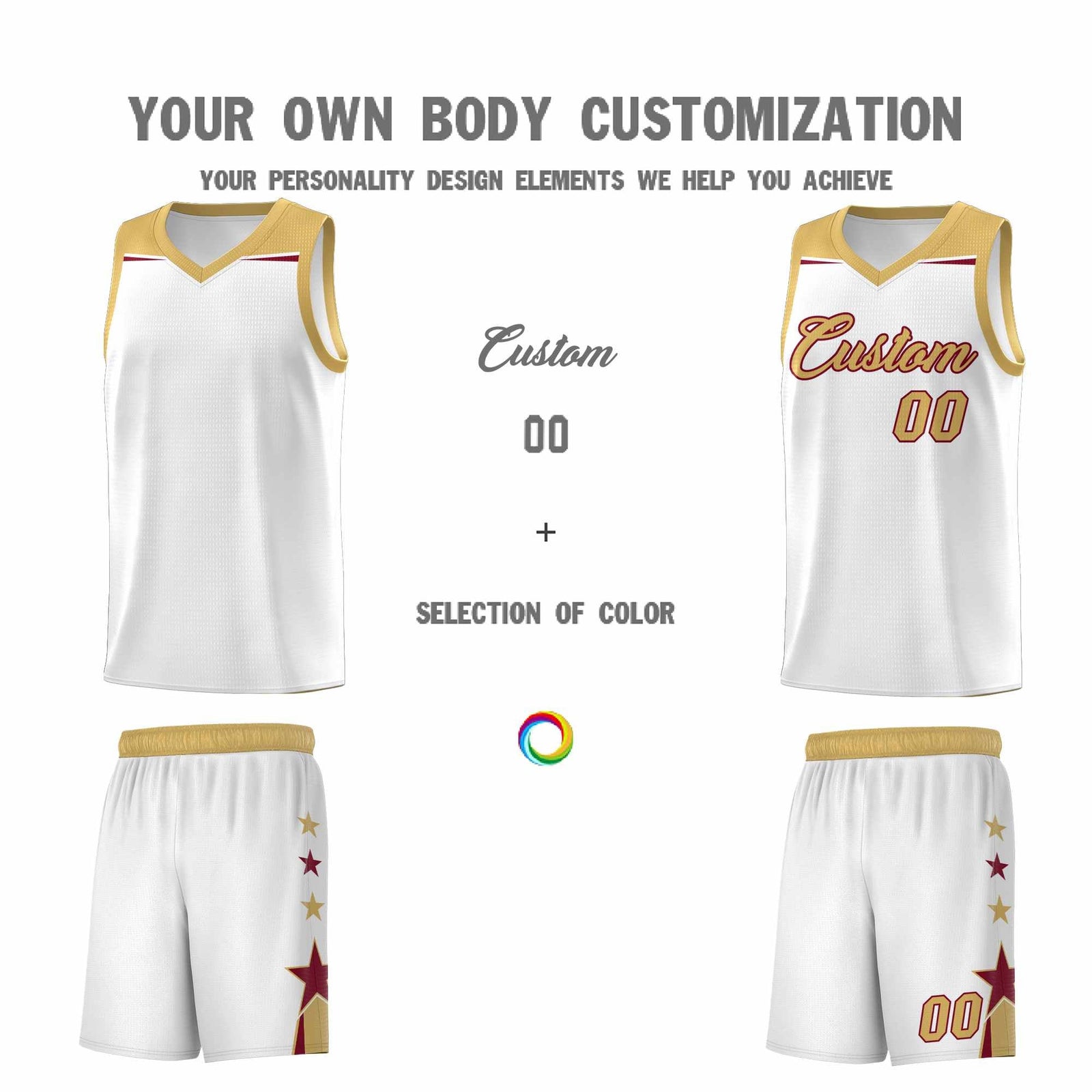 Custom Youth Basketball Uniform White Old Gold Two Tone Side Star Add Name Number & Logo