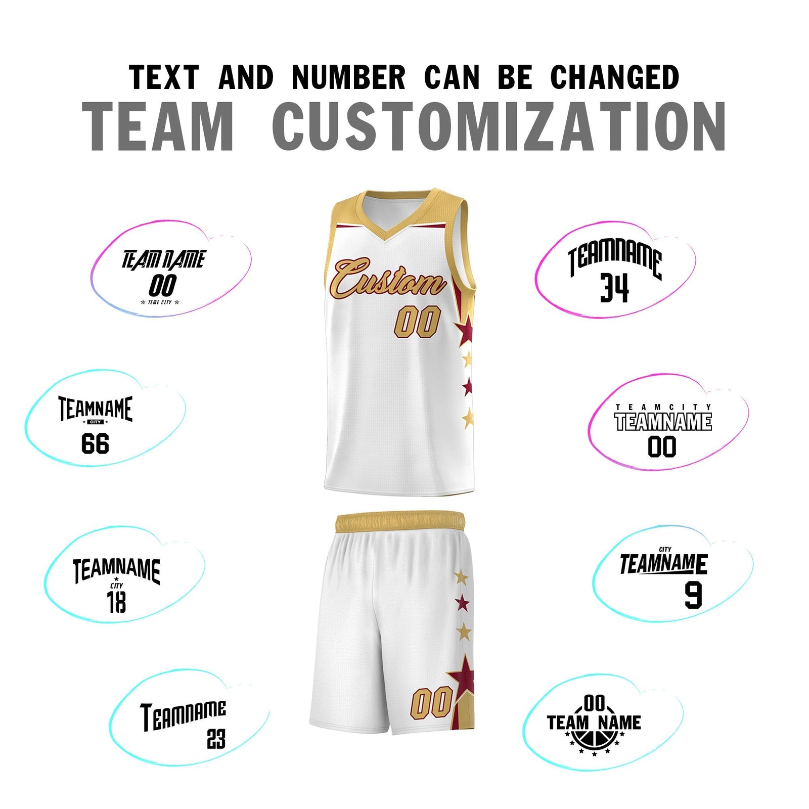 Custom Youth Basketball Uniform White Old Gold Two Tone Side Star Add Name Number & Logo