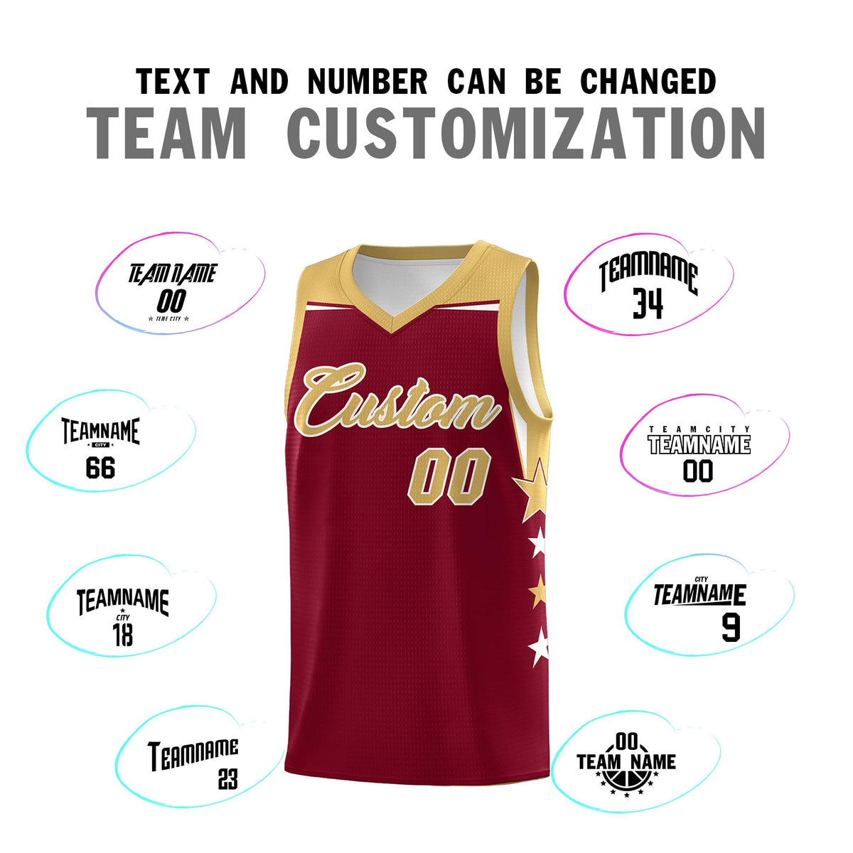 Custom Youth Basketball Uniform Crimson Old Gold Two Tone Side Star Color Block Team Jersey