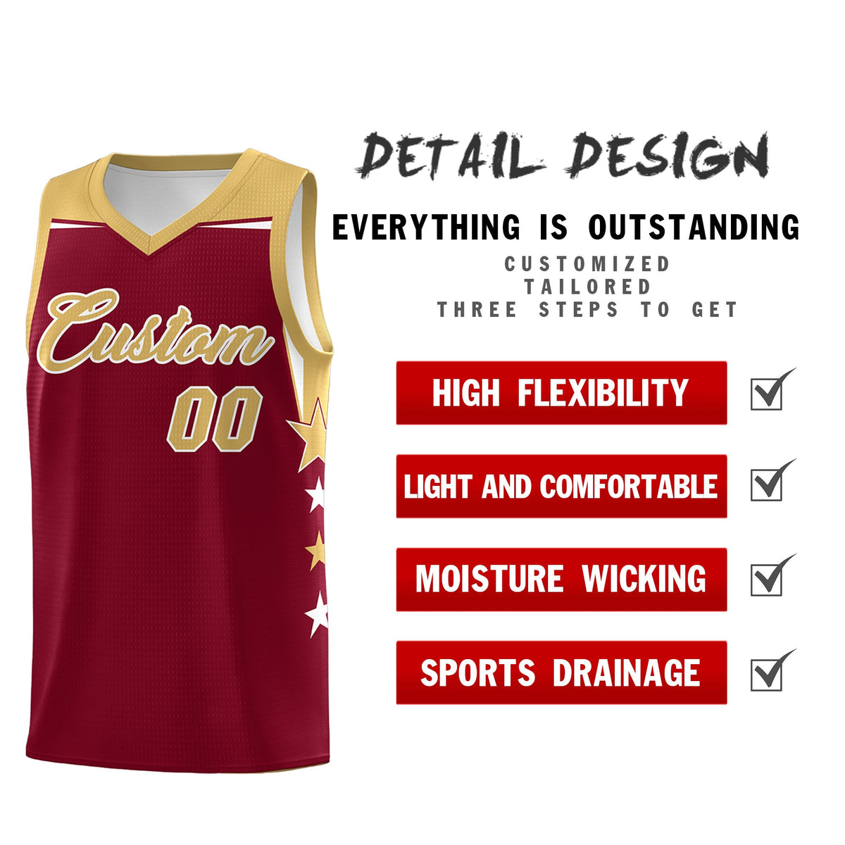 Custom Youth Basketball Uniform Crimson Old Gold Two Tone Side Star Color Block Team Jersey