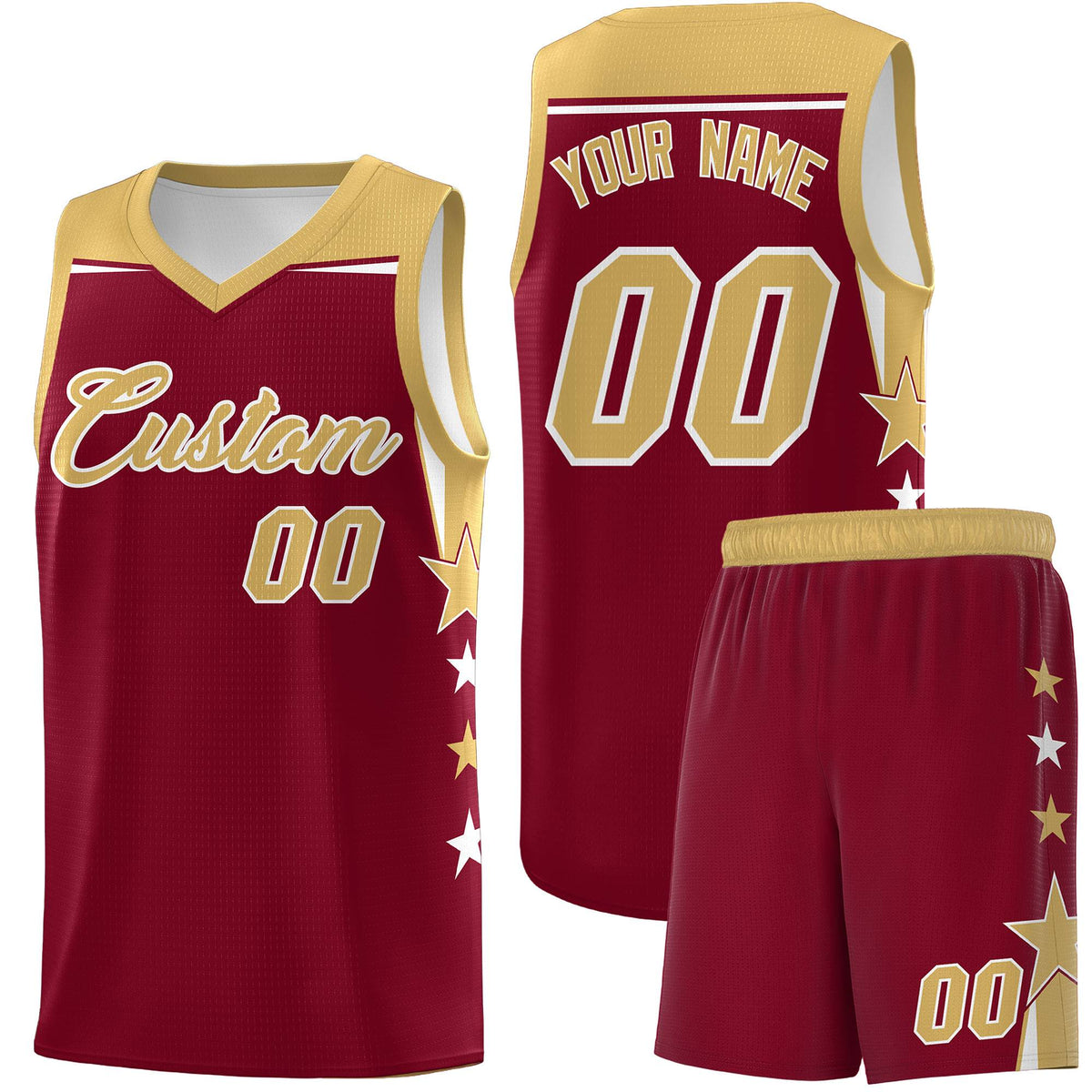 Custom Youth Basketball Uniform Crimson Old Gold Two Tone Side Star Color Block Team Jersey