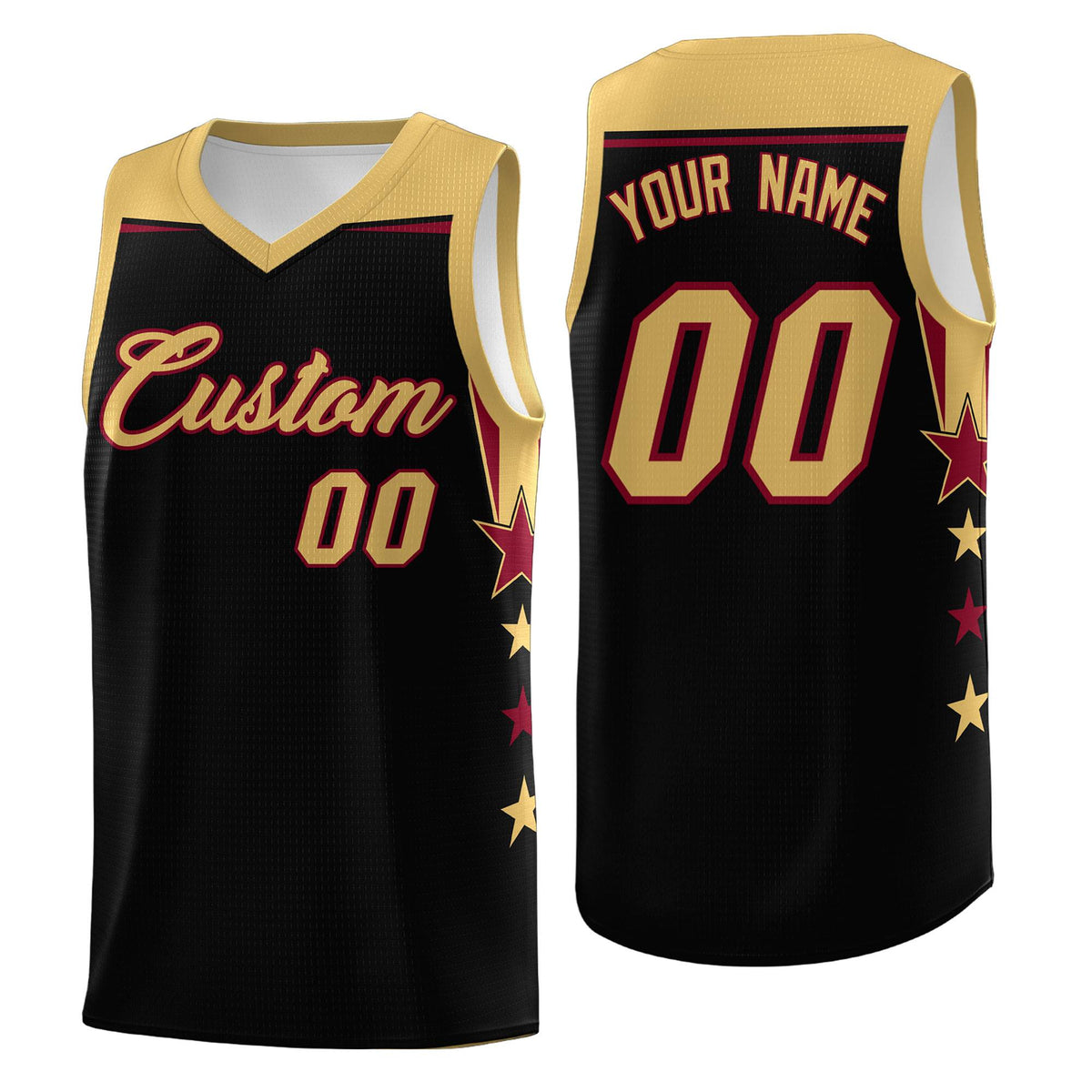 Custom Youth Basketball Uniform Black Old Gold Two Tone Side Star Add Name Number &amp; Logo