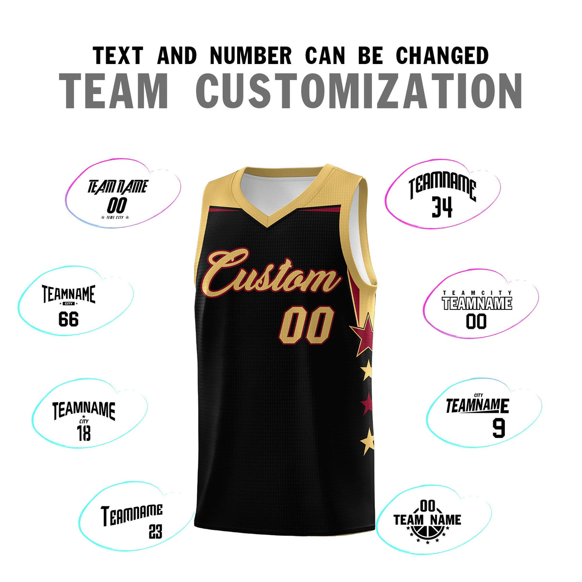 Custom Youth Basketball Uniform Black Old Gold Two Tone Side Star Add Name Number &amp; Logo