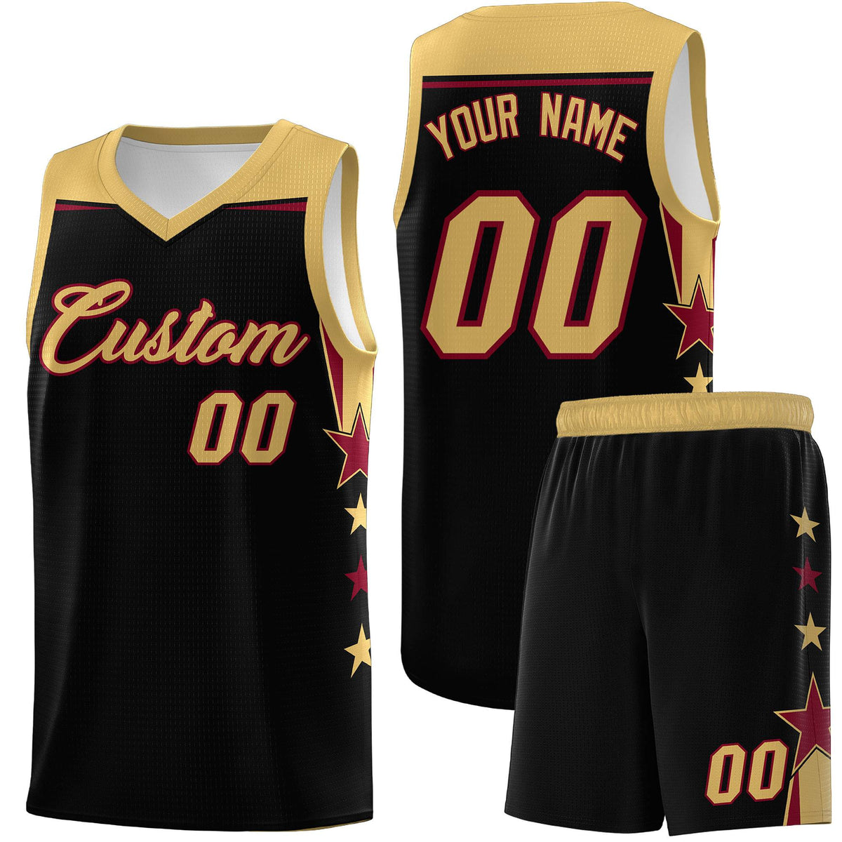 Custom Youth Basketball Uniform Black Old Gold Two Tone Side Star Add Name Number &amp; Logo
