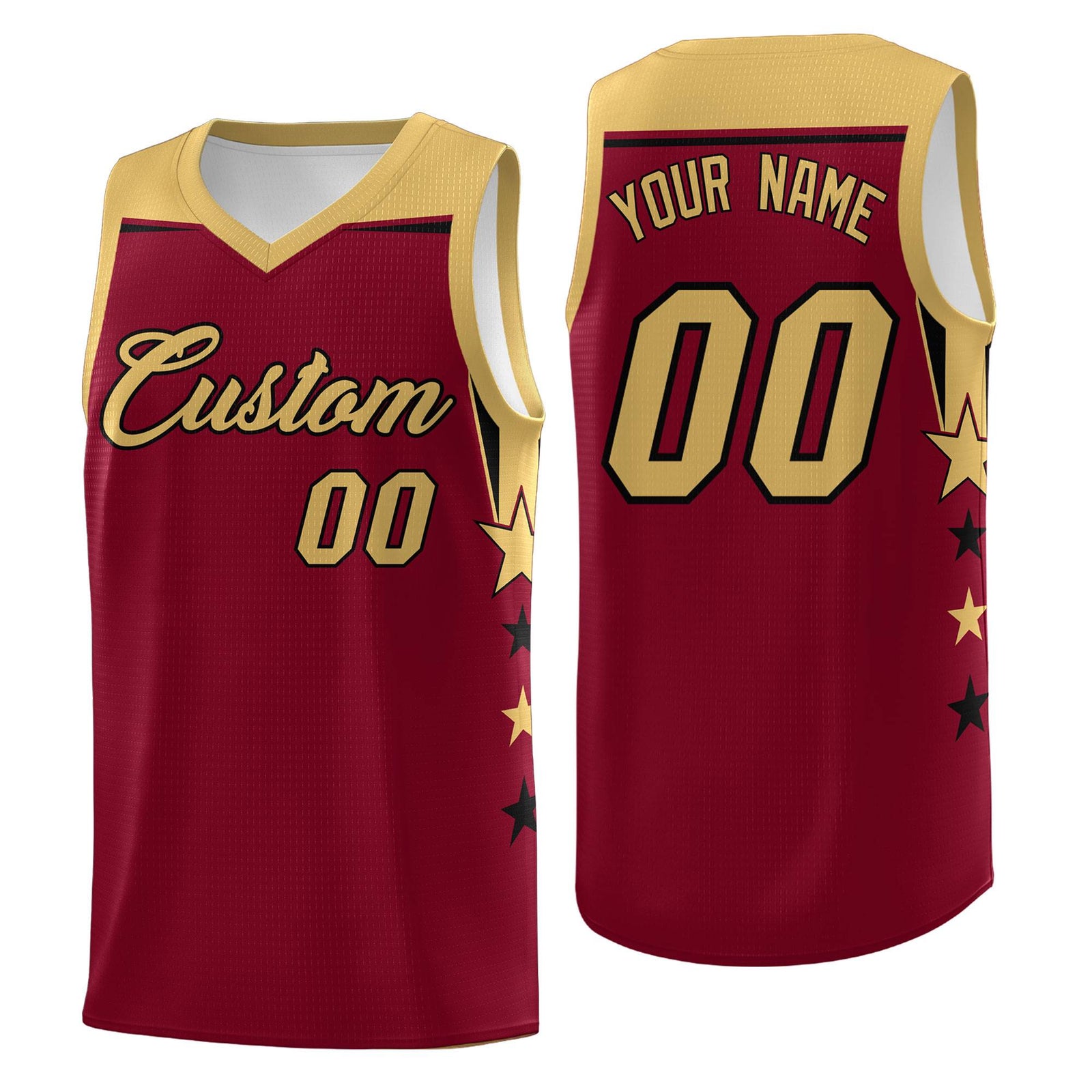 Custom Youth Basketball Uniform Crimson Old Gold Two Tone Side Star Color Block Team Jersey