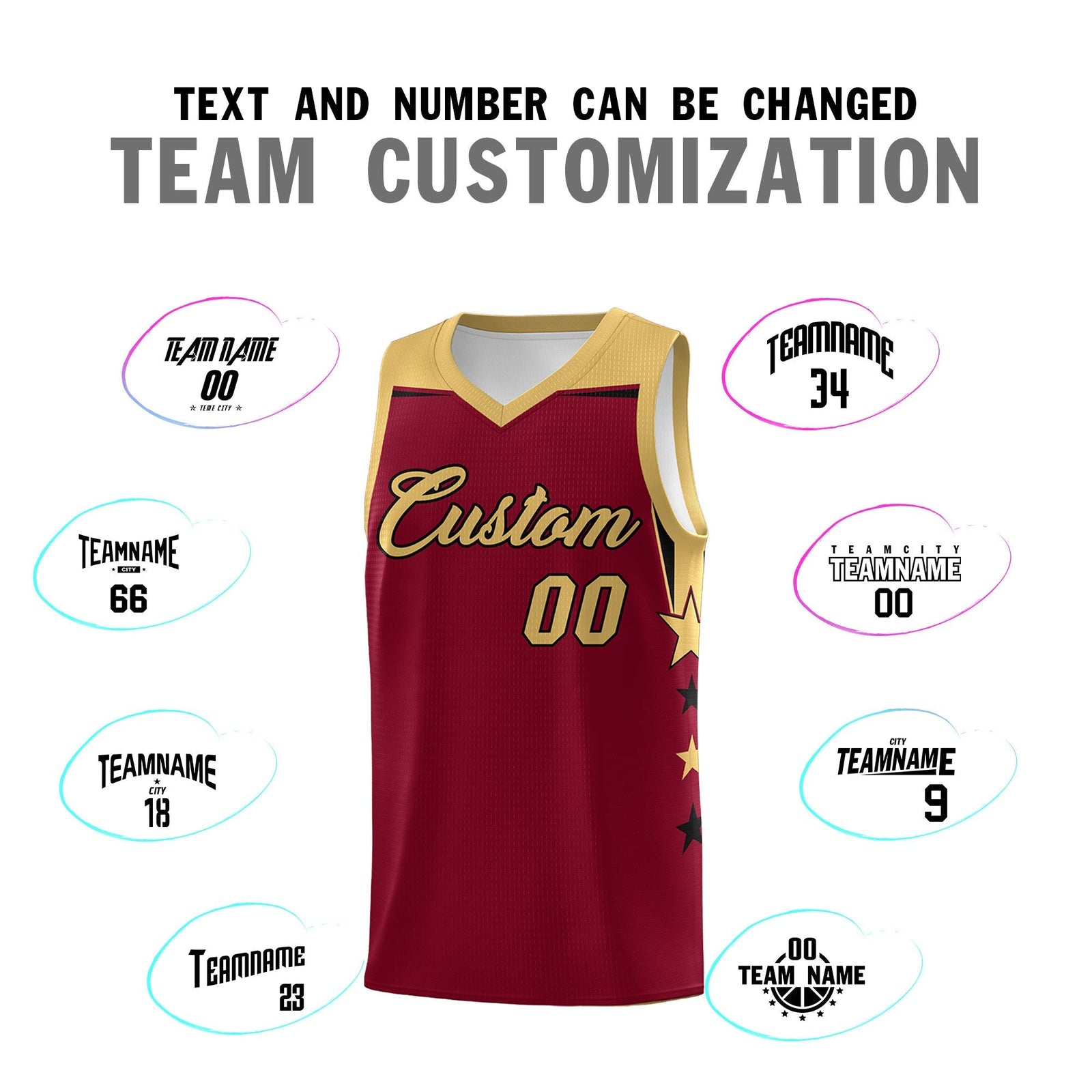 Custom Youth Basketball Uniform Crimson Old Gold Two Tone Side Star Color Block Team Jersey