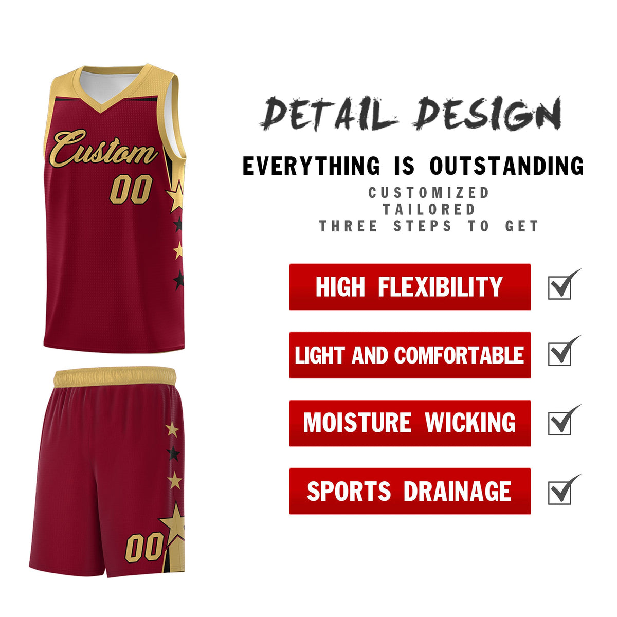 Custom Youth Basketball Uniform Crimson Old Gold Two Tone Side Star Color Block Team Jersey