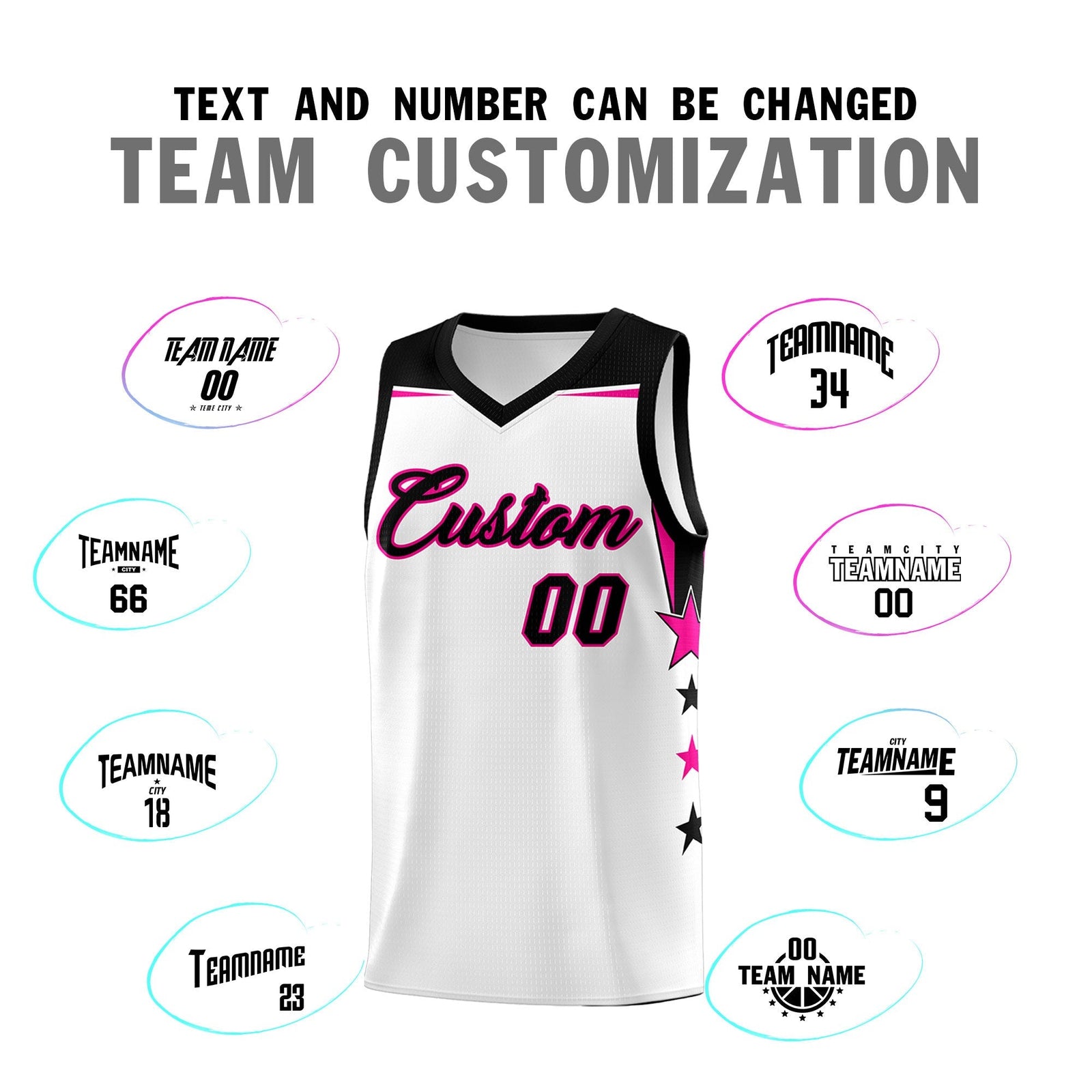 Custom Youth Basketball Uniform White Black Two Tone Side Star Add Name Number & Logo
