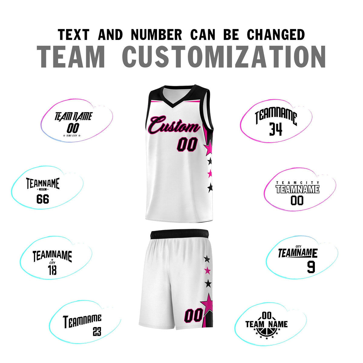 Custom Youth Basketball Uniform White Black Two Tone Side Star Add Name Number &amp; Logo