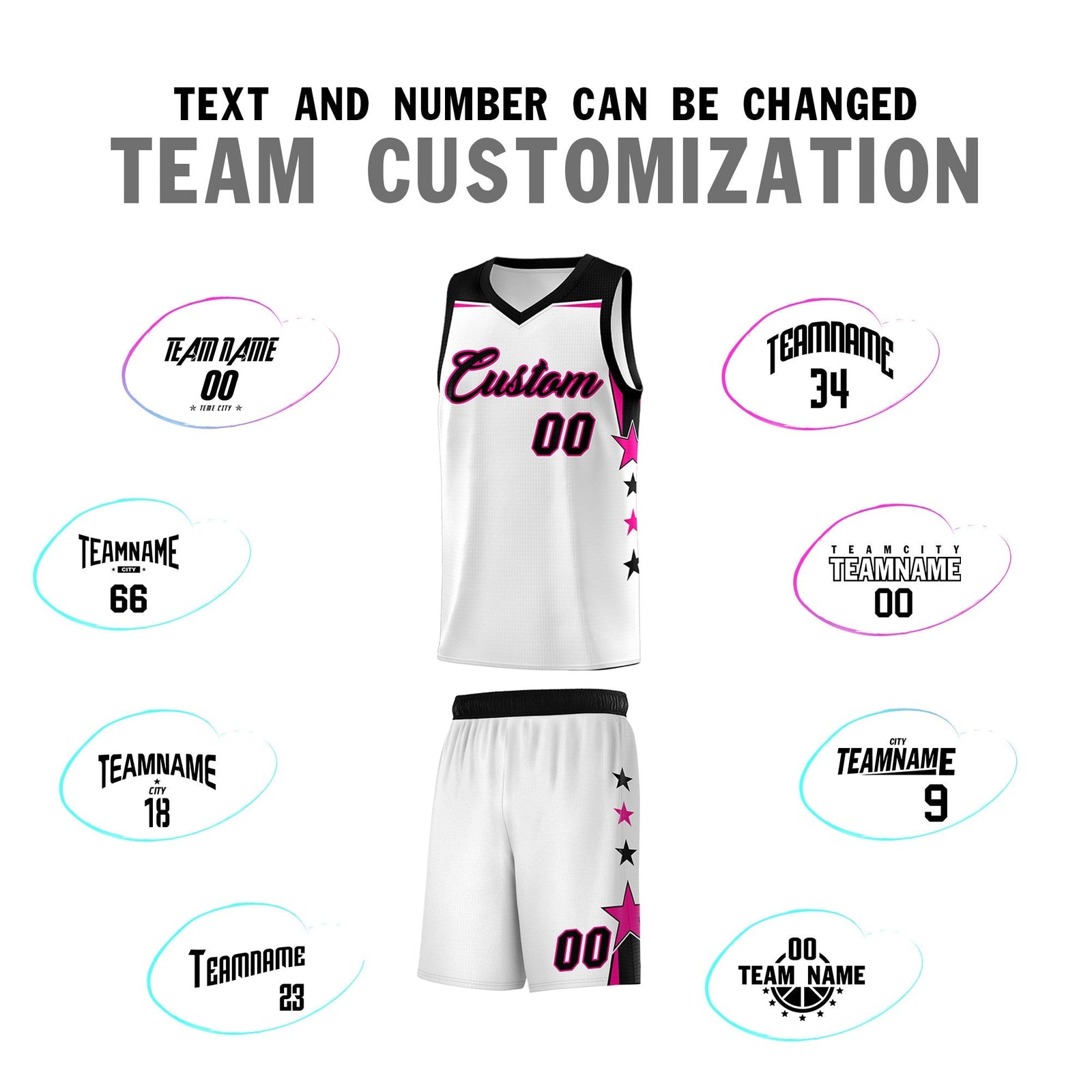Custom Youth Basketball Uniform White Black Two Tone Side Star Add Name Number & Logo