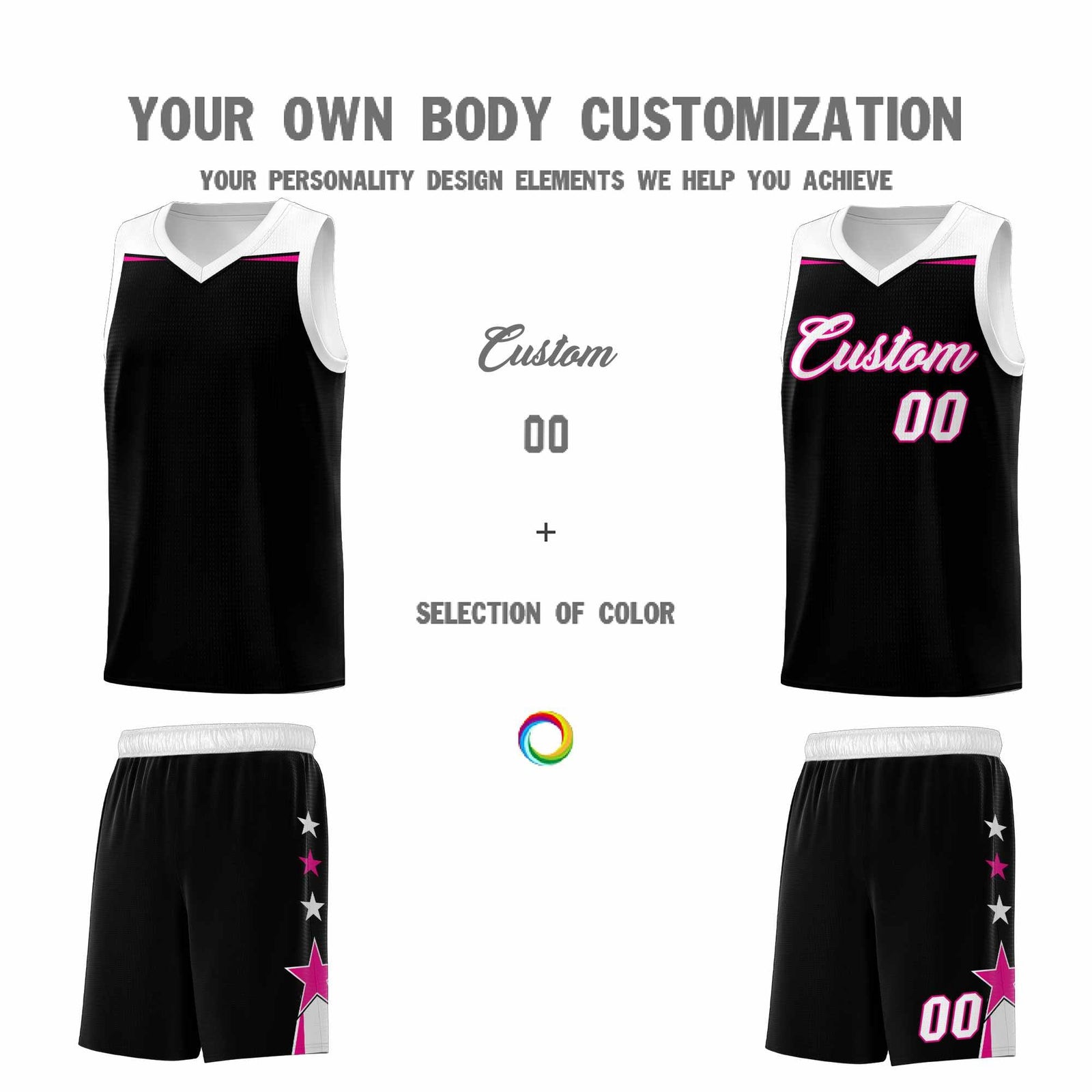 Custom Youth Basketball Uniform Black White Two Tone Side Star Personalized Team Jersey