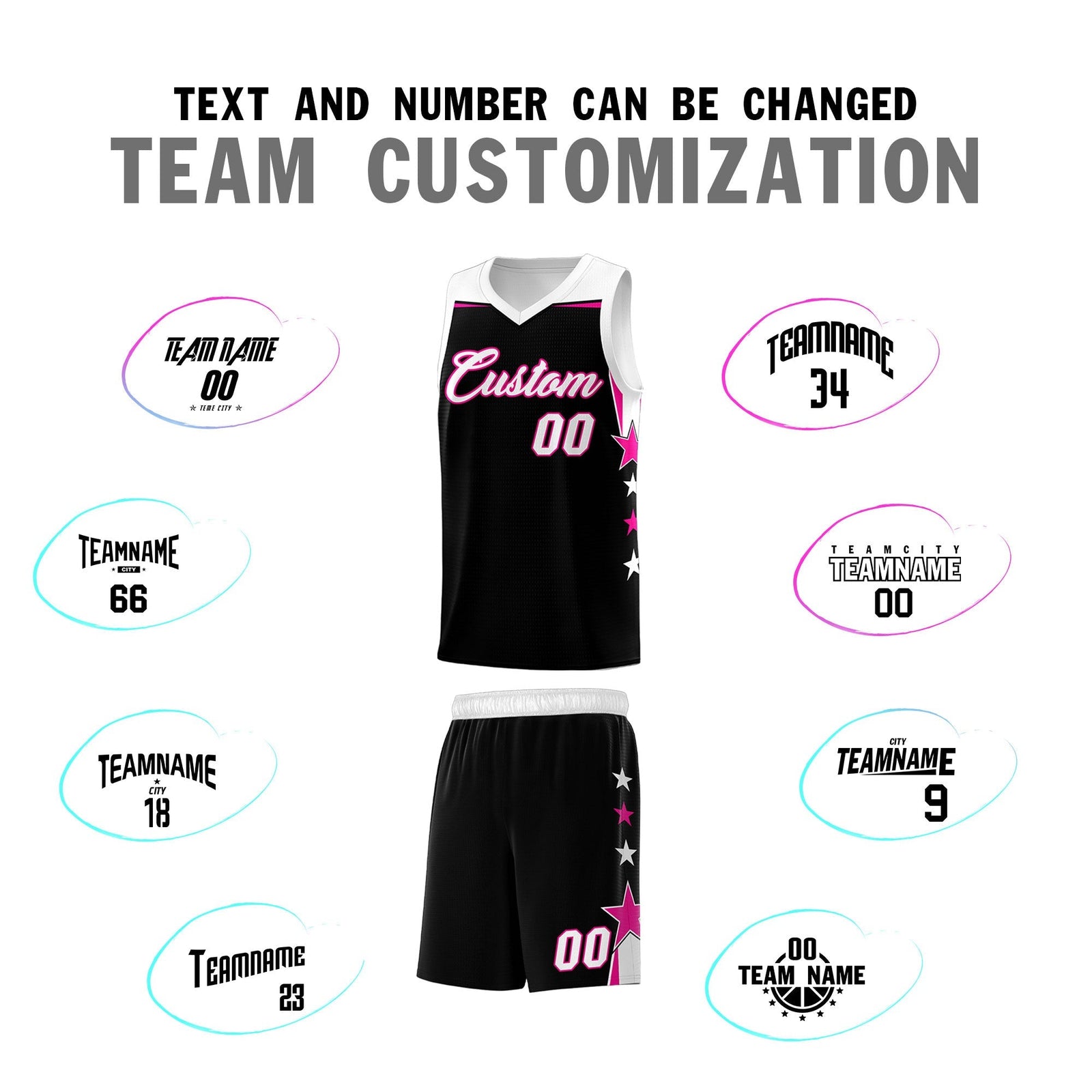 Custom Youth Basketball Uniform Black White Two Tone Side Star Personalized Team Jersey