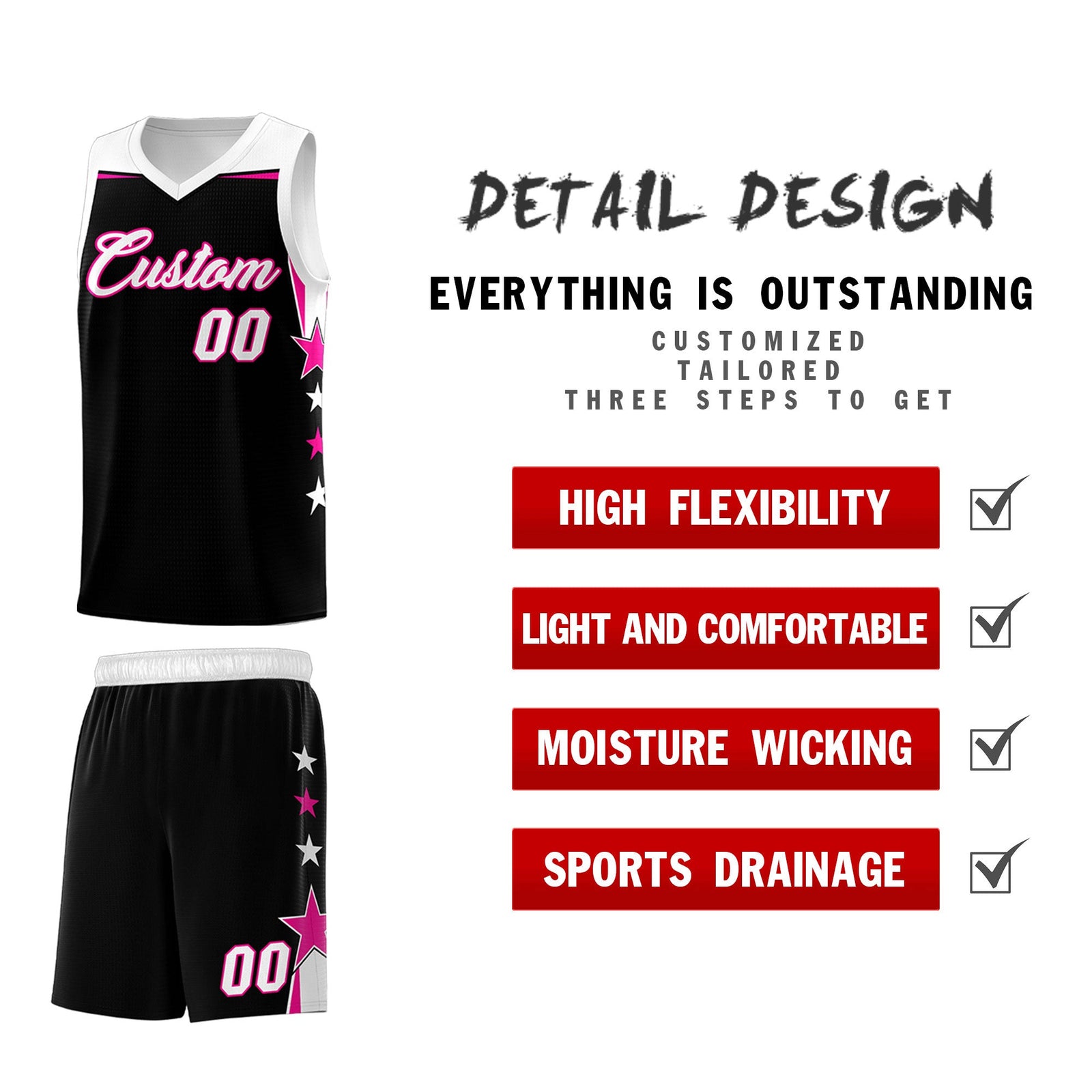 Custom Youth Basketball Uniform Black White Two Tone Side Star Personalized Team Jersey