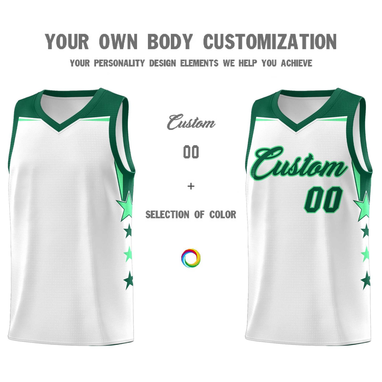 Custom Youth Basketball Uniform White Kelly Green Two Tone Side Star Add Name Number & Logo