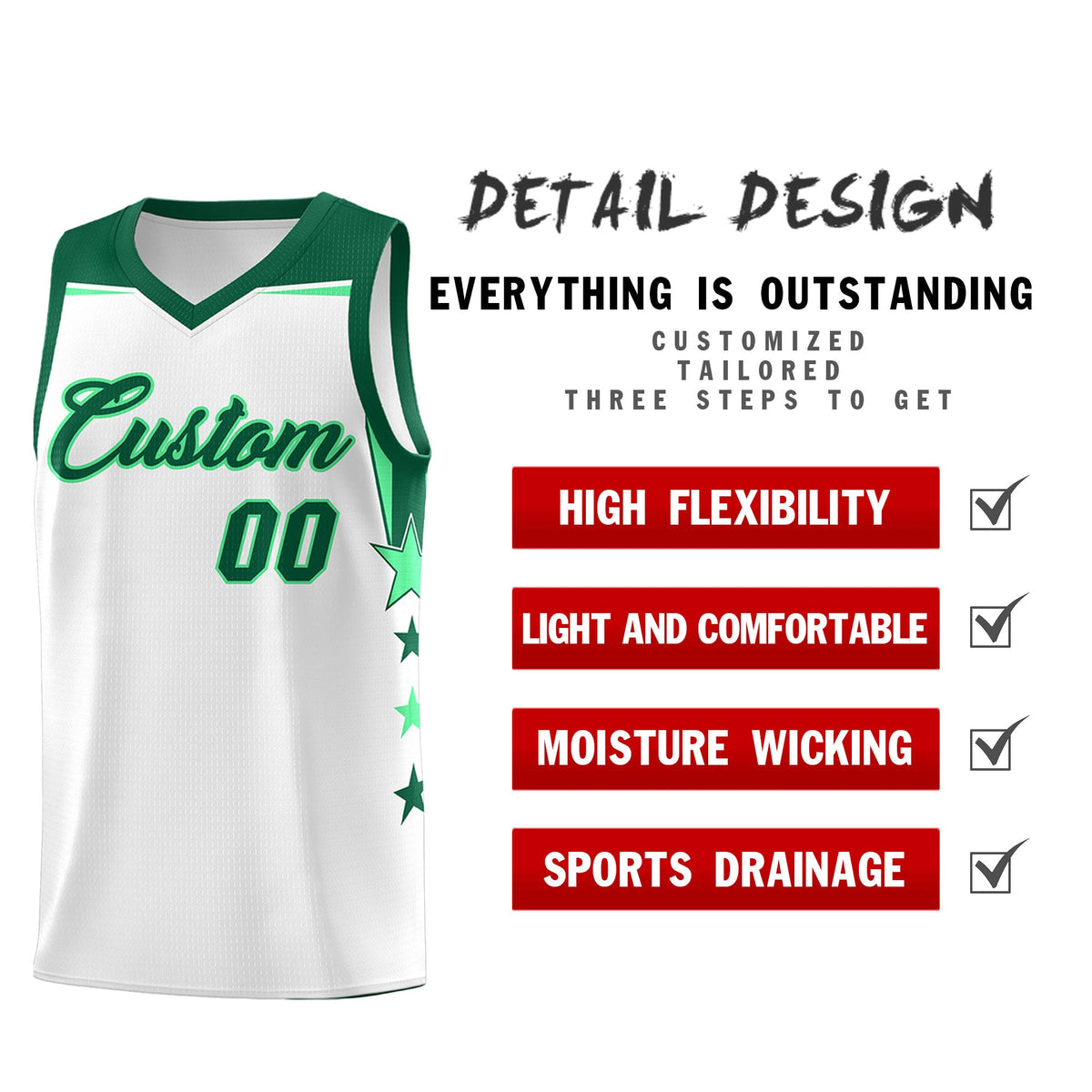 Custom Youth Basketball Uniform White Kelly Green Two Tone Side Star Add Name Number & Logo