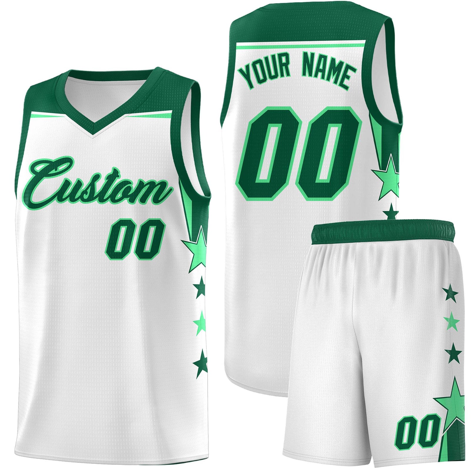 Custom Youth Basketball Uniform White Kelly Green Two Tone Side Star Add Name Number & Logo