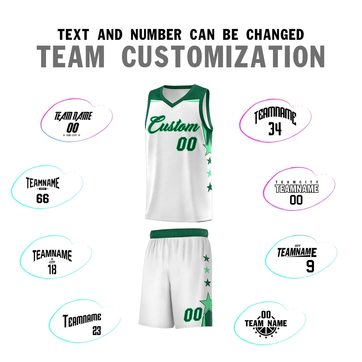 Custom Youth Basketball Uniform White Kelly Green Two Tone Side Star Add Name Number & Logo