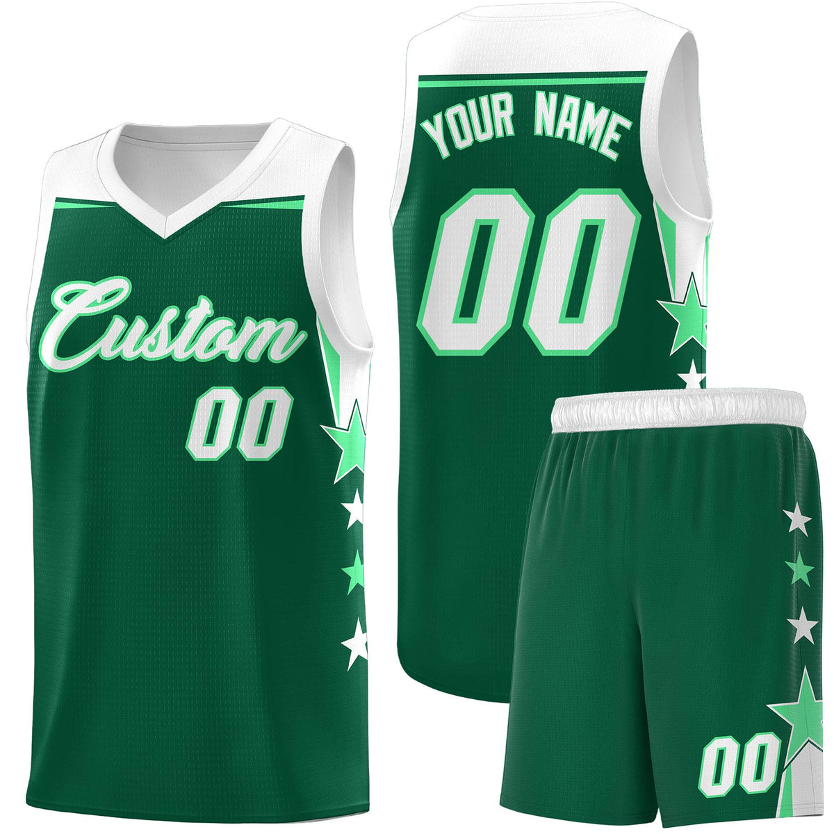 Custom Youth Basketball Uniform Kelly Green White Two Tone Side Star Personalized Team Jersey