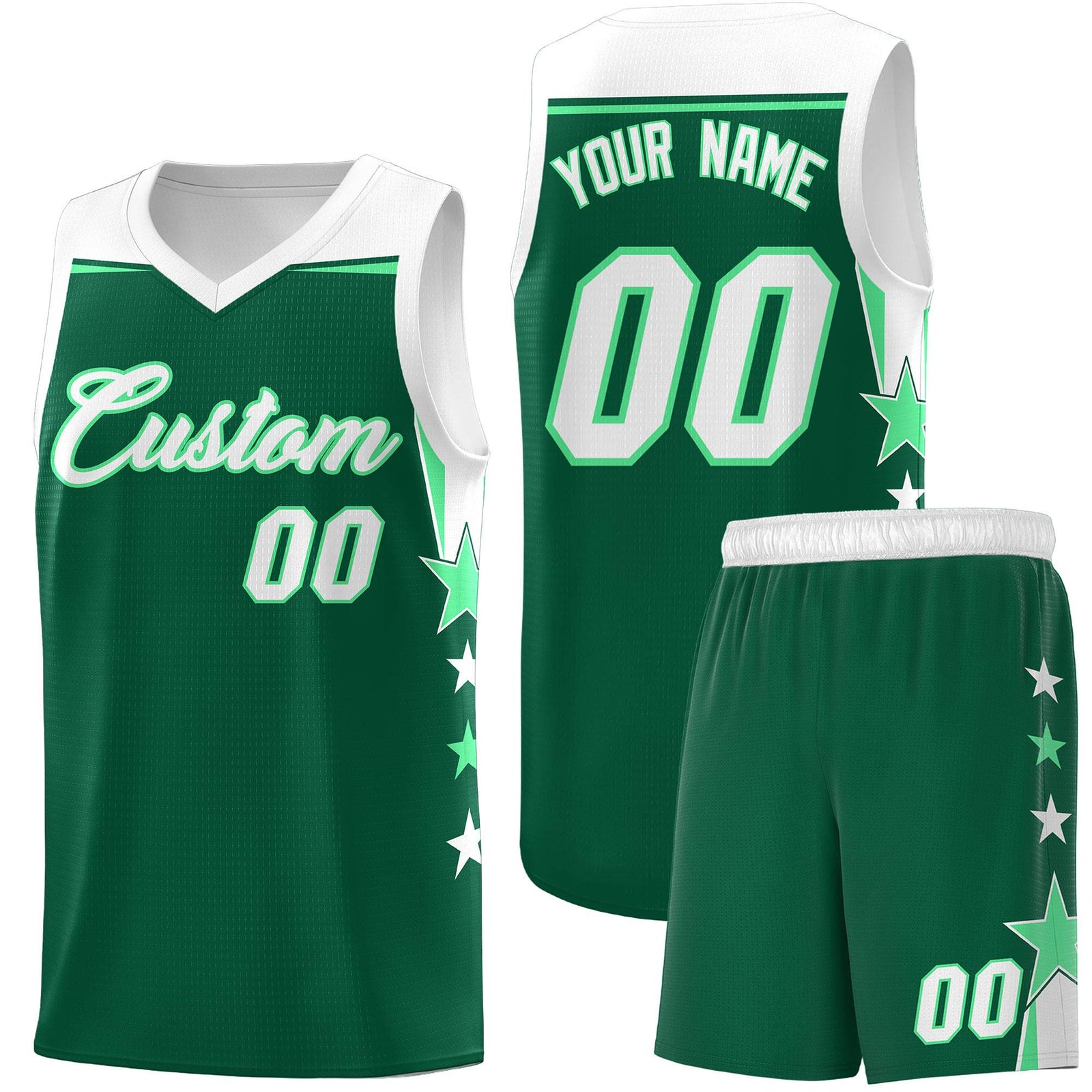 Custom Youth Basketball Uniform Kelly Green White Two Tone Side Star Personalized Team Jersey