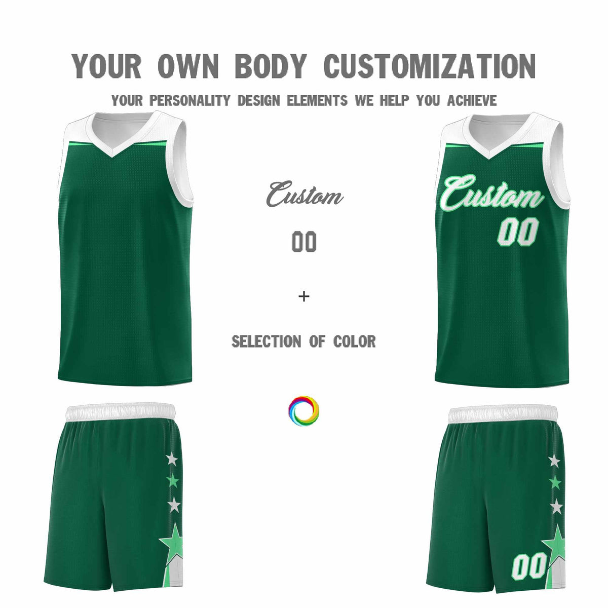 Custom Youth Basketball Uniform Kelly Green White Two Tone Side Star Personalized Team Jersey