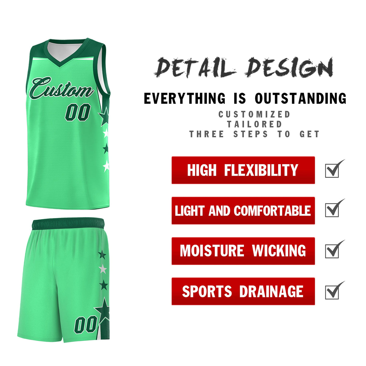 Custom Youth Basketball Uniform Green Kelly Green Two Tone Side Star Color Block Team Jersey