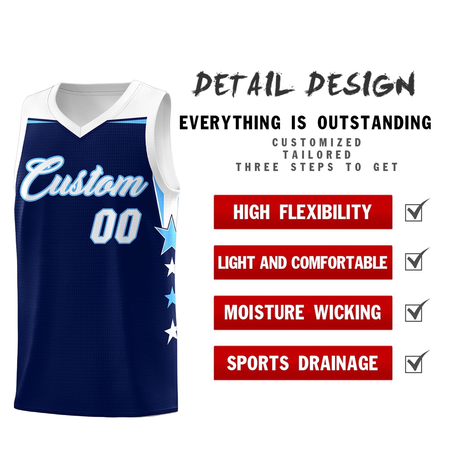 Custom Youth Basketball Uniform Navy White Two Tone Side Star Personalized Team Jersey