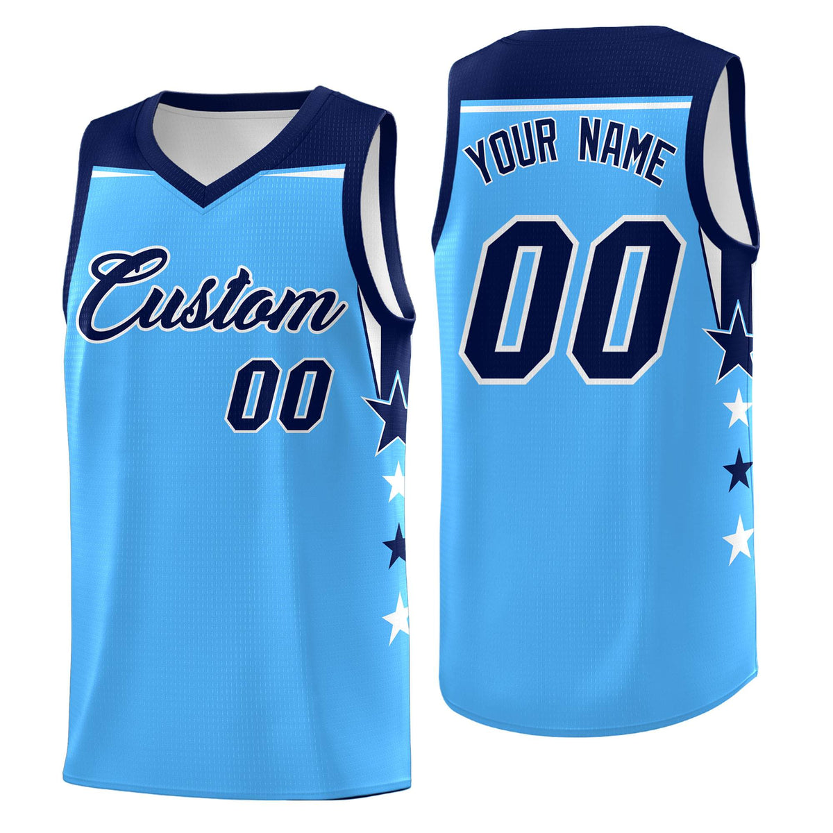 Custom Youth Basketball Uniform Powder Blue Navy Two Tone Side Star Color Block Team Jersey