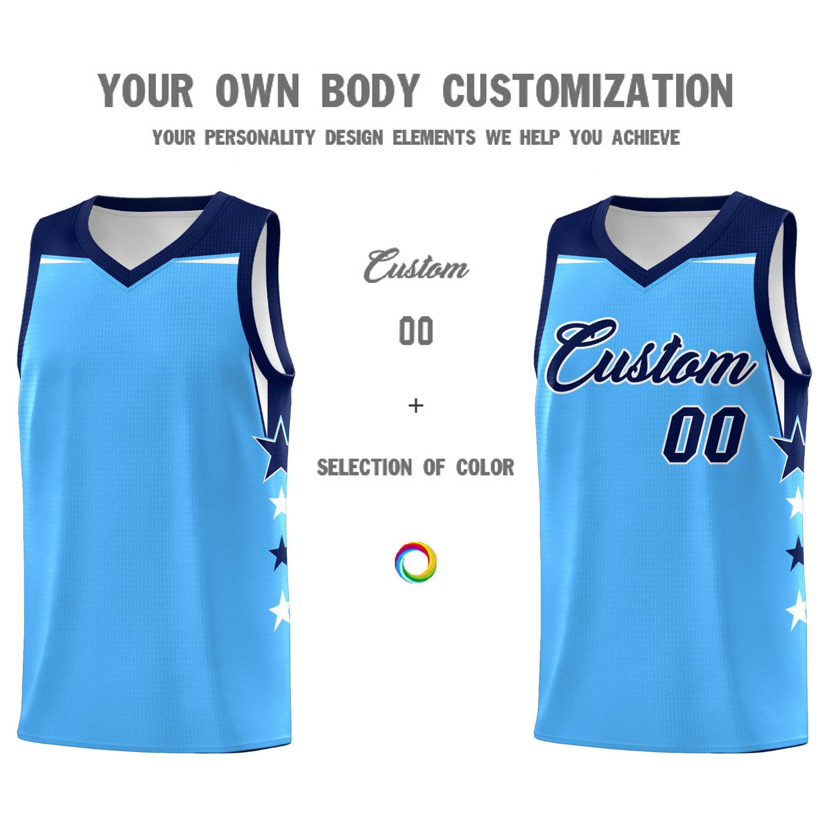 Custom Youth Basketball Uniform Powder Blue Navy Two Tone Side Star Color Block Team Jersey