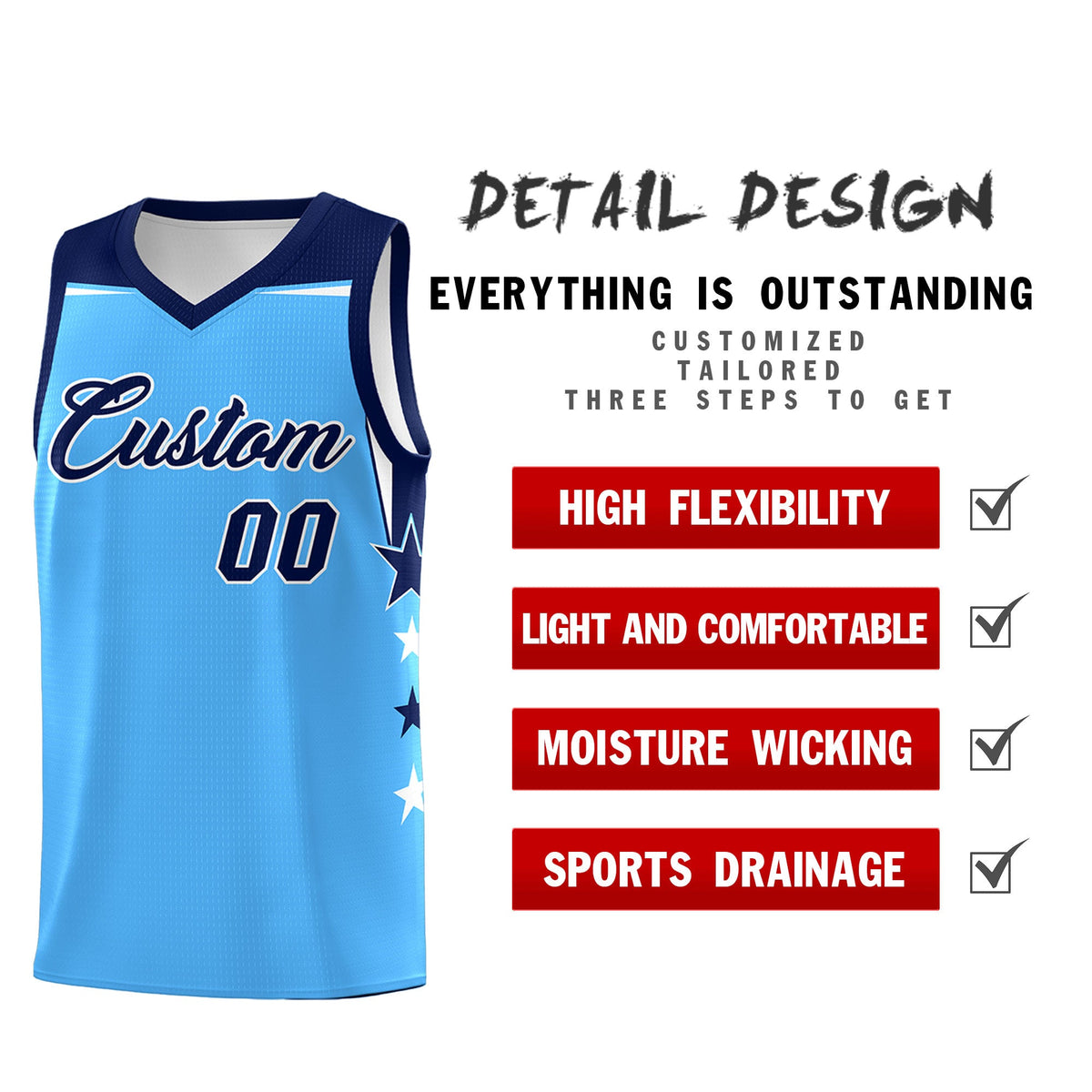 Custom Youth Basketball Uniform Powder Blue Navy Two Tone Side Star Color Block Team Jersey