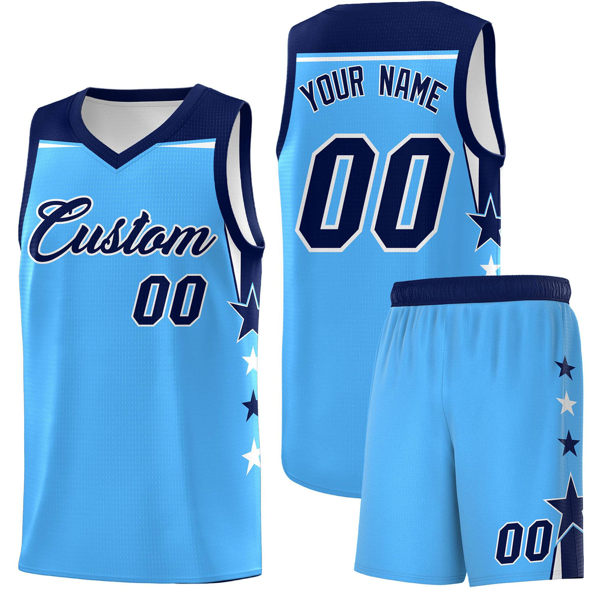 Custom Youth Basketball Uniform Powder Blue Navy Two Tone Side Star Color Block Team Jersey