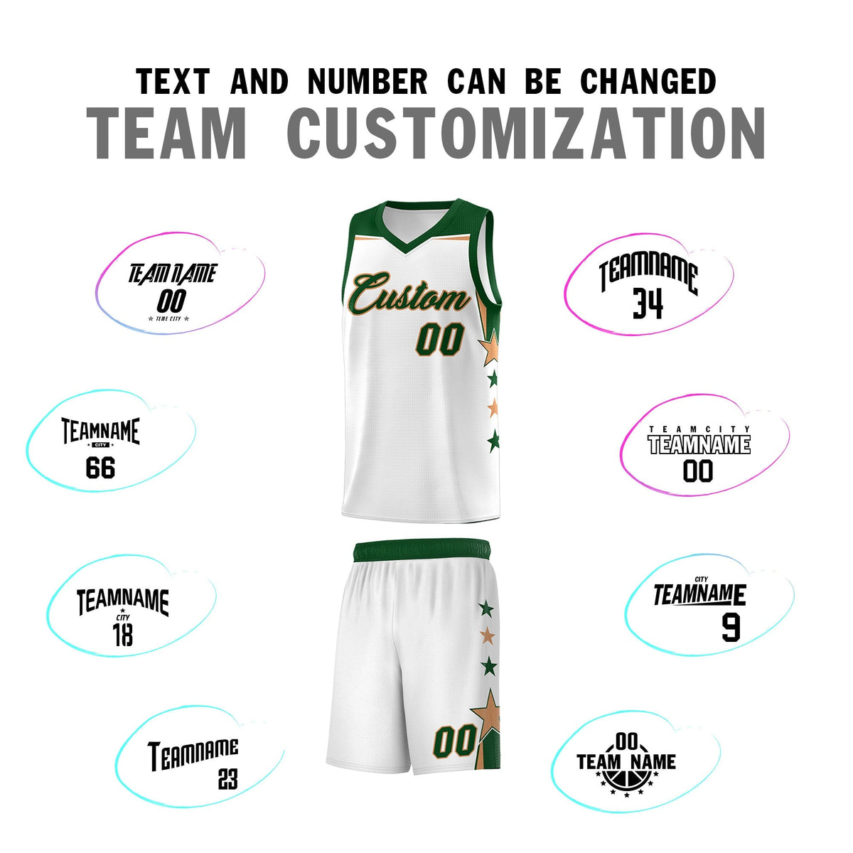Custom Youth Basketball Uniform White Green Two Tone Side Star Add Name Number &amp; Logo