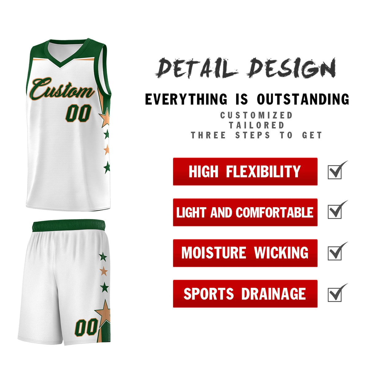 Custom Youth Basketball Uniform White Green Two Tone Side Star Add Name Number &amp; Logo