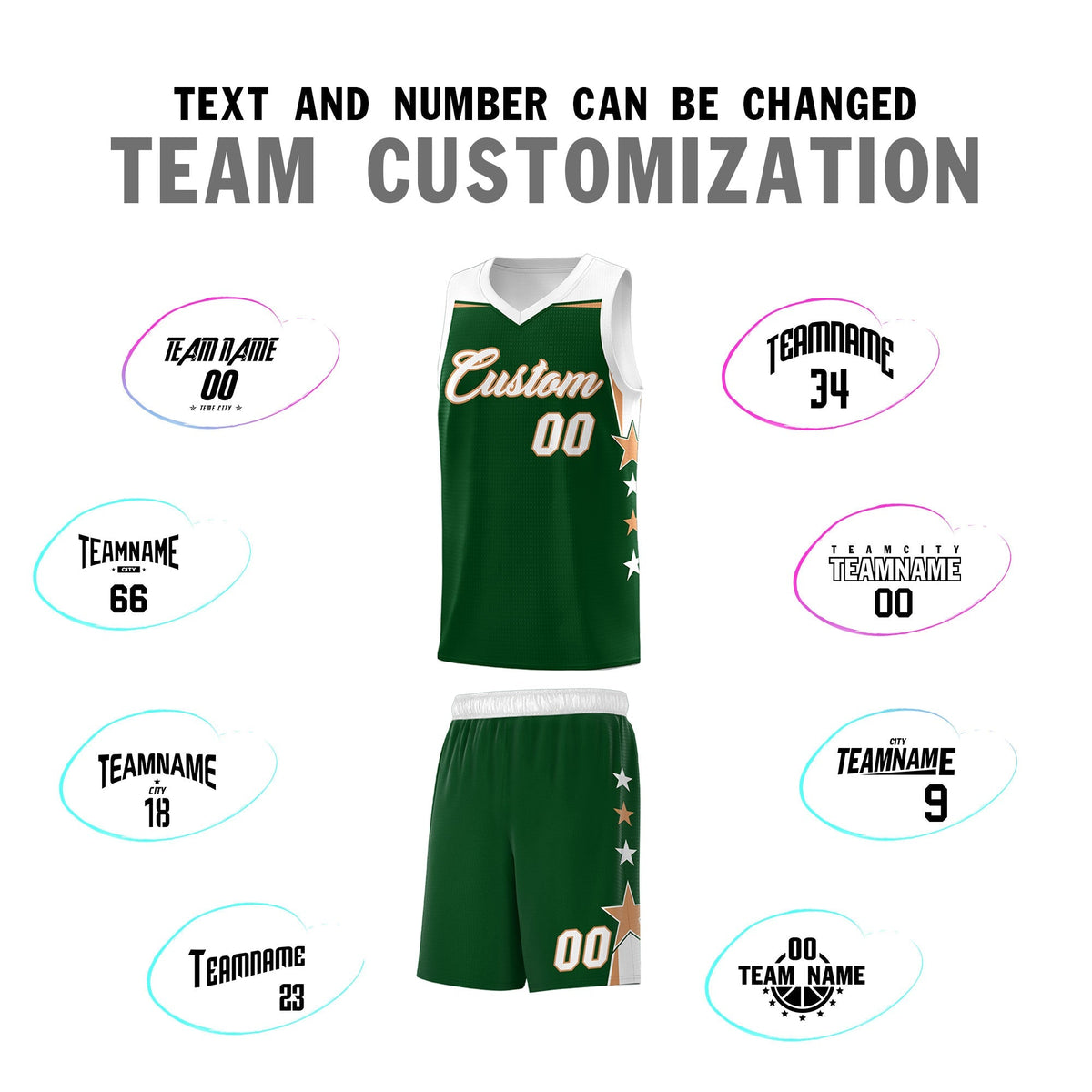 Custom Youth Basketball Uniform Green White Two Tone Side Star Personalized Team Jersey