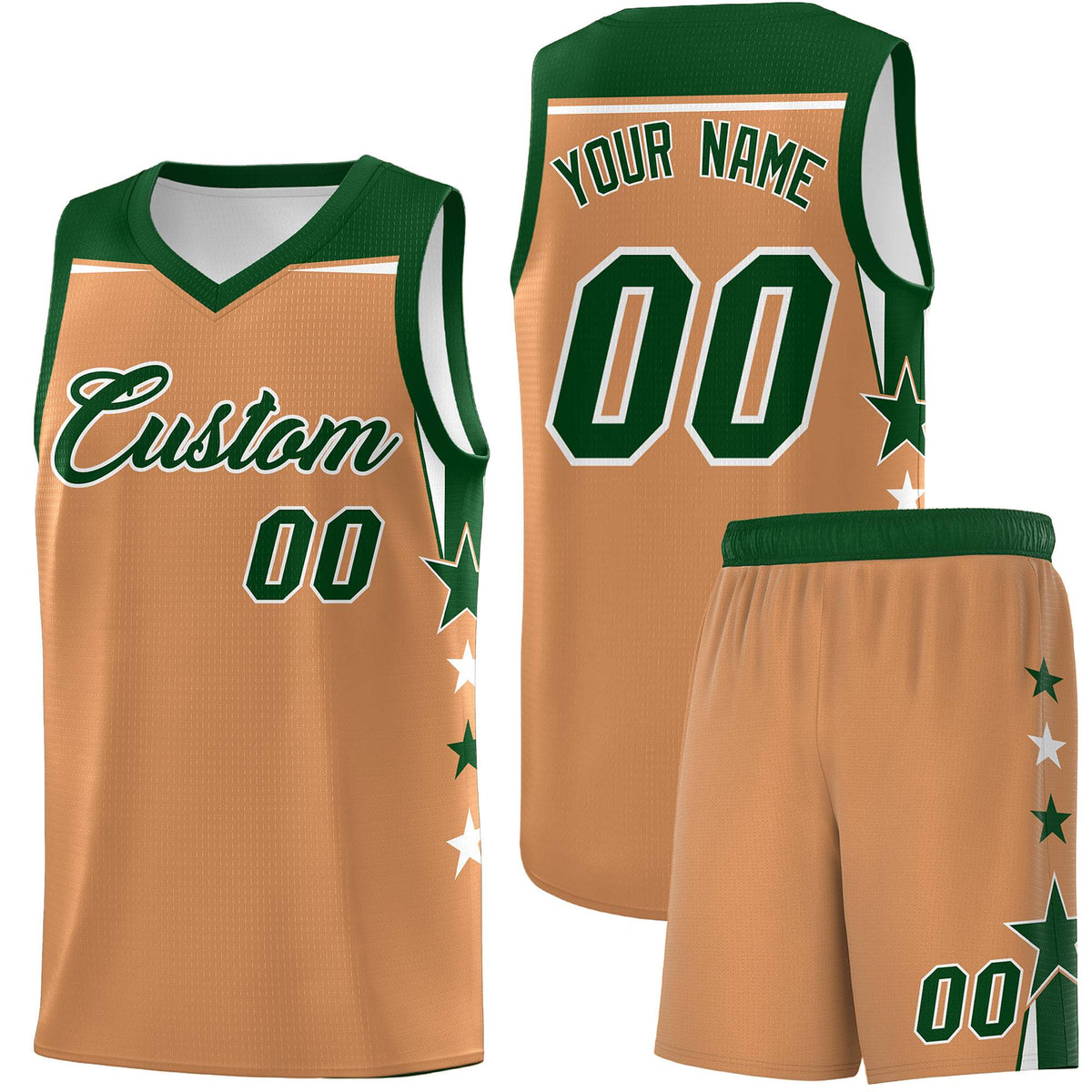 Custom Youth Basketball Uniform Buckskin Brown Green Two Tone Side Star Color Block Team Jersey