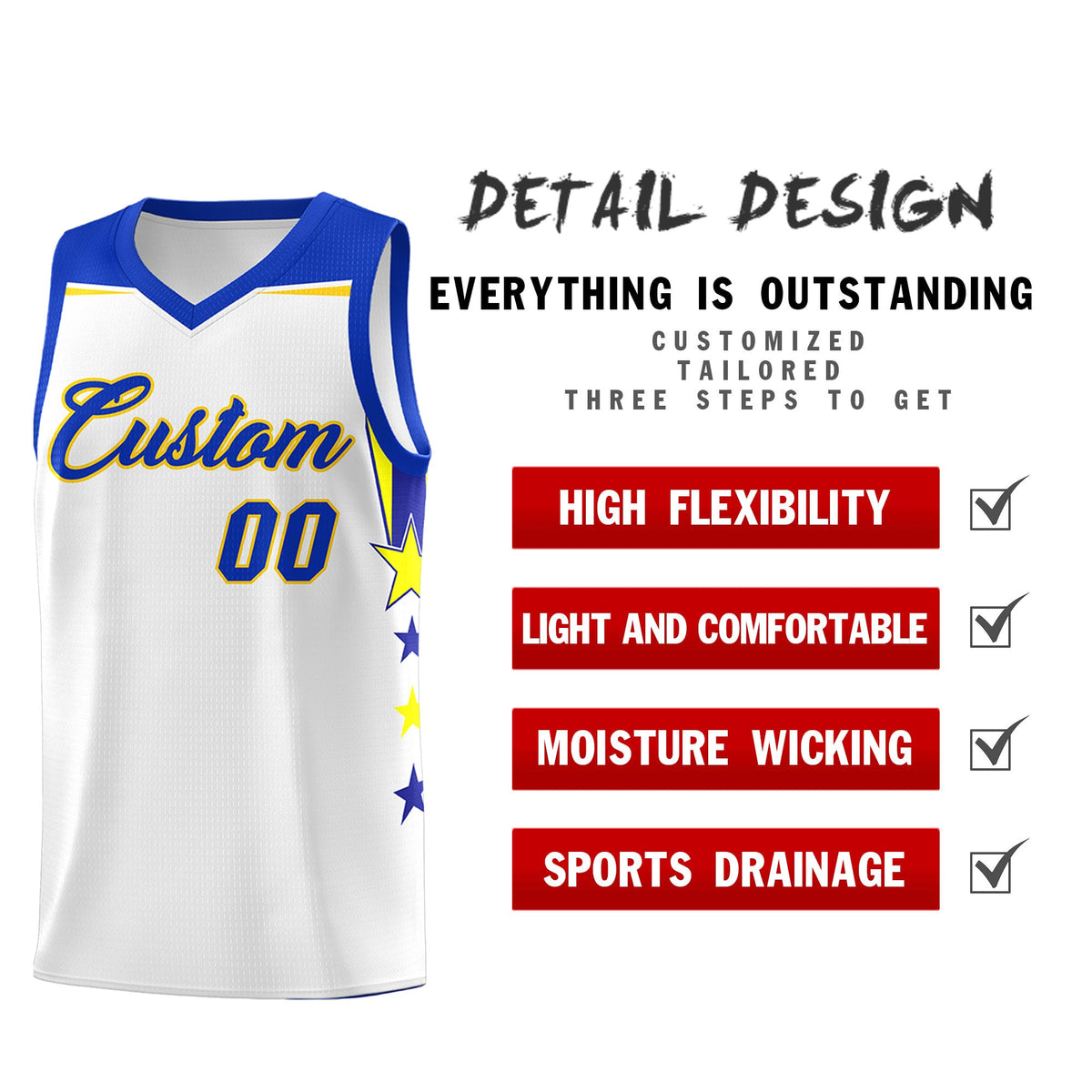 Custom Youth Basketball Uniform White Royal Two Tone Side Star Add Name Number &amp; Logo