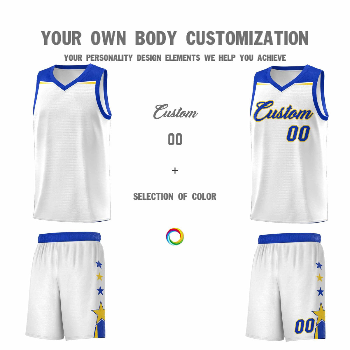 Custom Youth Basketball Uniform White Royal Two Tone Side Star Add Name Number &amp; Logo