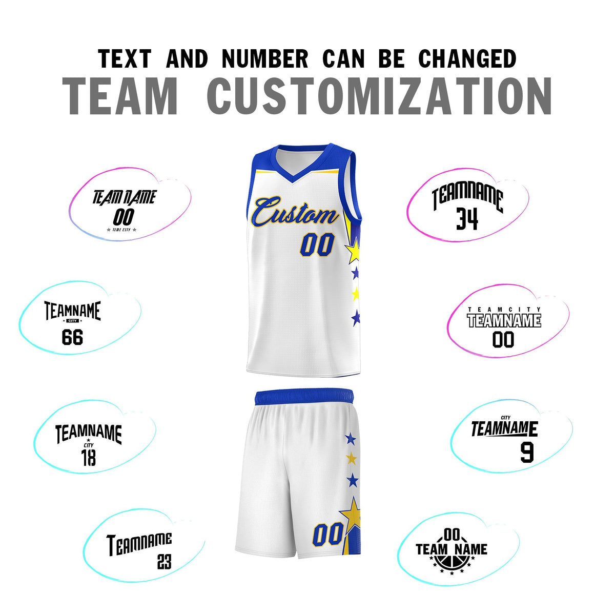 Custom Youth Basketball Uniform White Royal Two Tone Side Star Add Name Number &amp; Logo